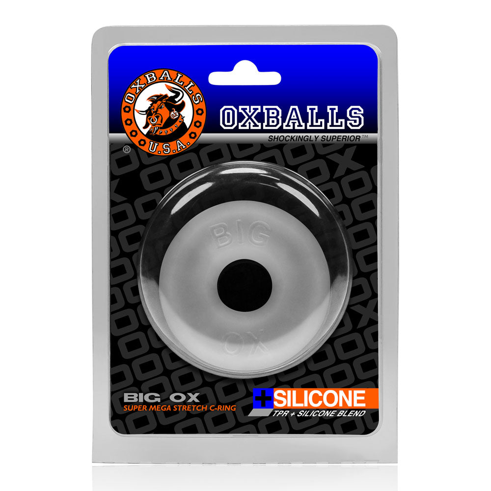 Oxballs Big Ox Super Mega Stretch Silicone Cock Ring Clear packaging showcasing its unique design and flexibility.