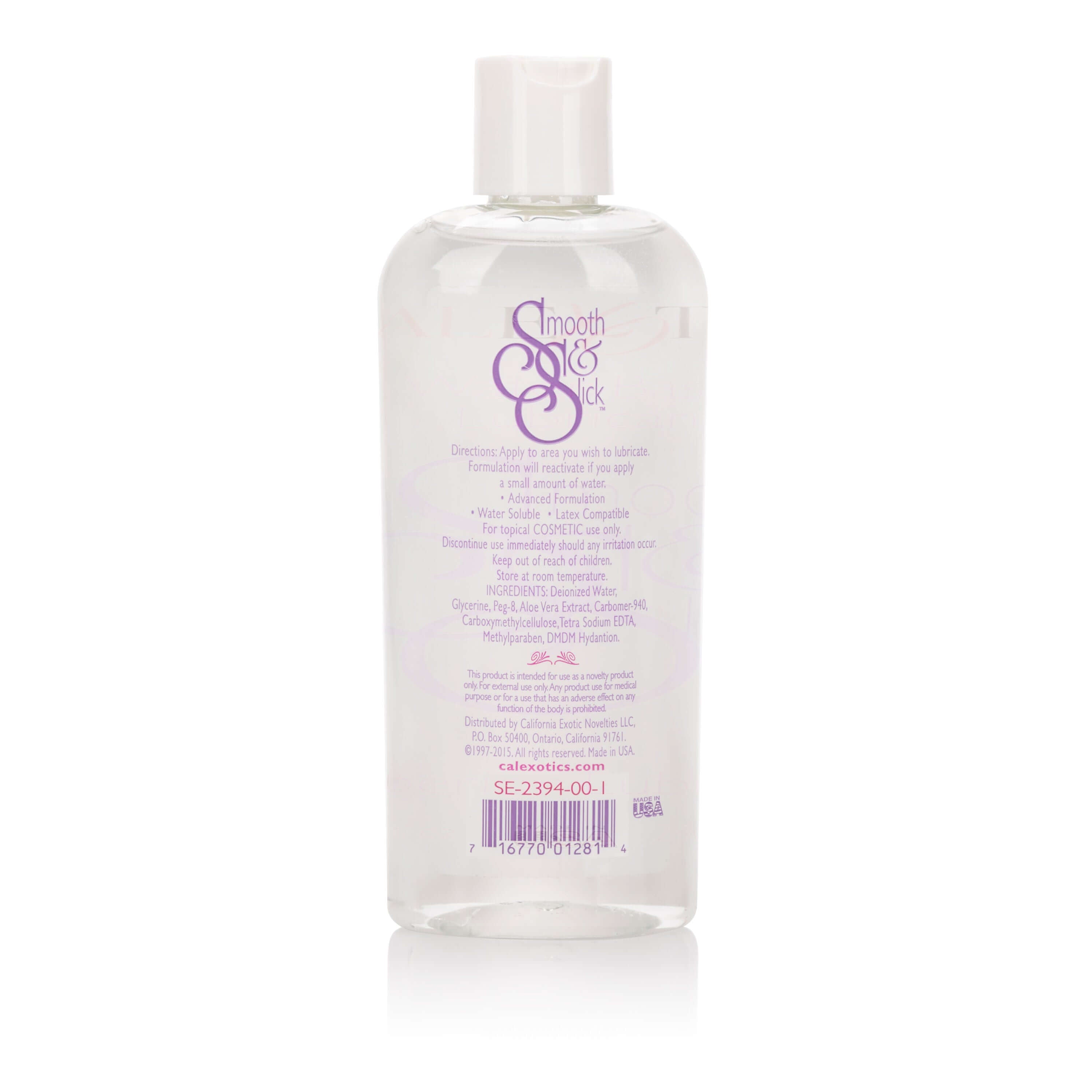 Smooth & Slick Water Based Lubricant 8 Oz bottle showcasing the back label with product details and usage instructions.