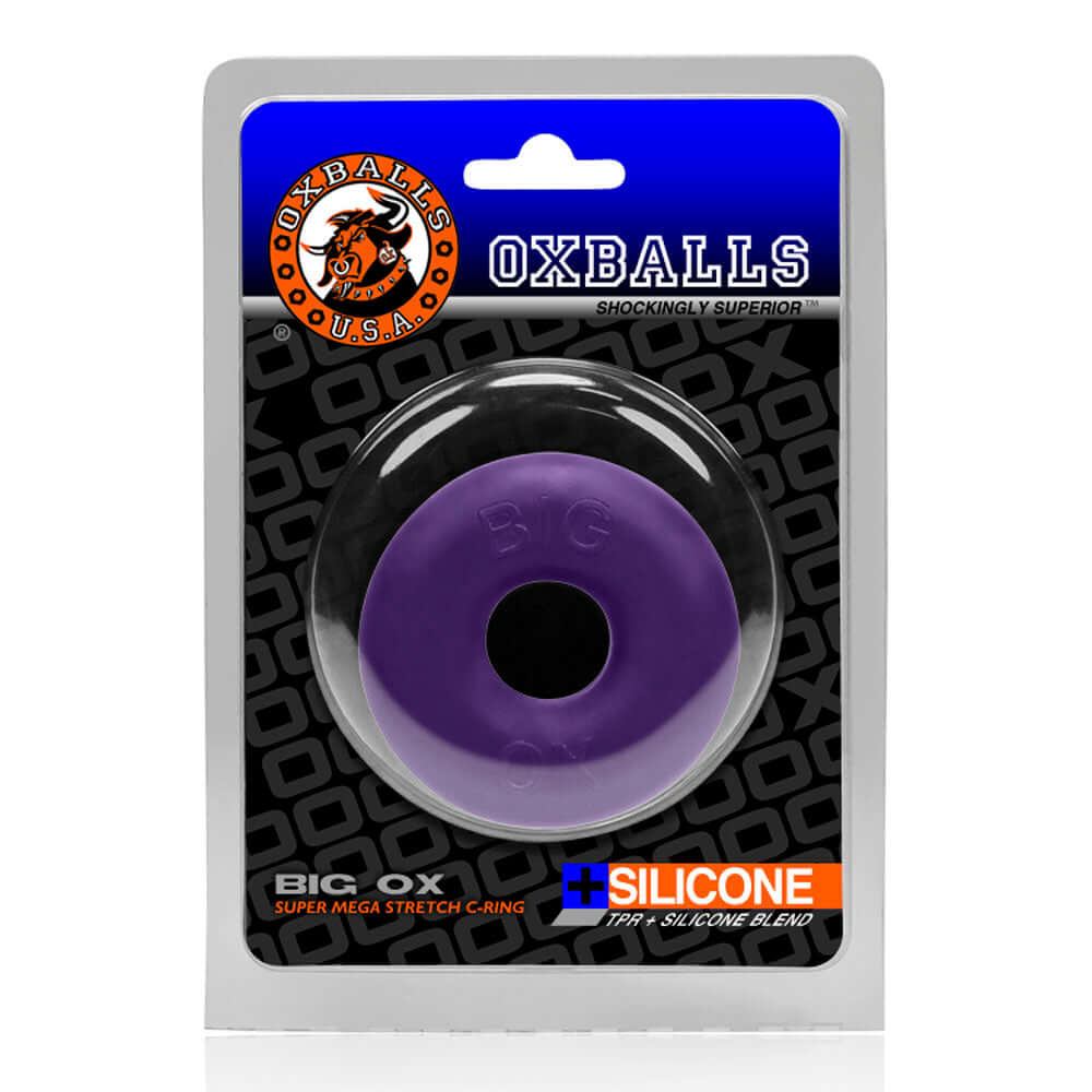 Oxballs Big Ox Super Mega Stretch Silicone Cock Ring Purple in packaging, showcasing its flexible design and comfort.