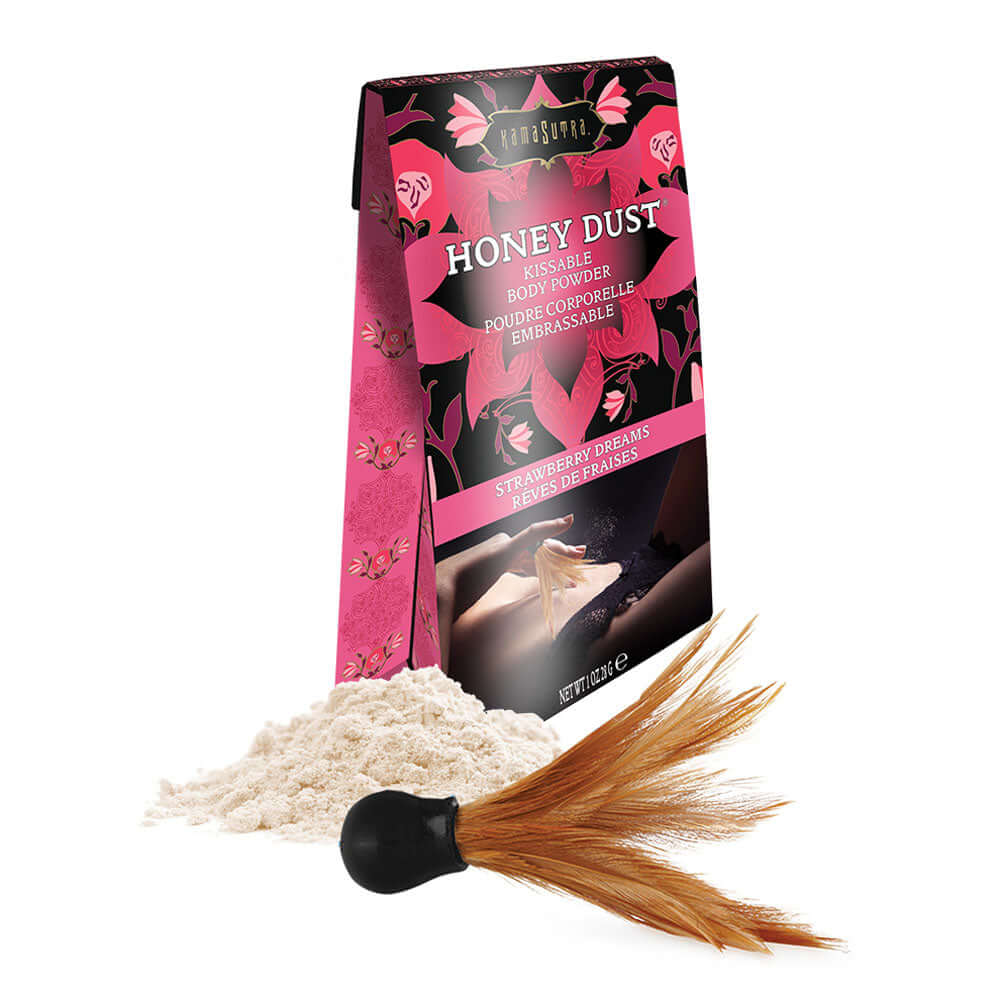 Kama Sutra Honey Dust Strawberry Dreams 1 Oz body powder packaging with brush and powder