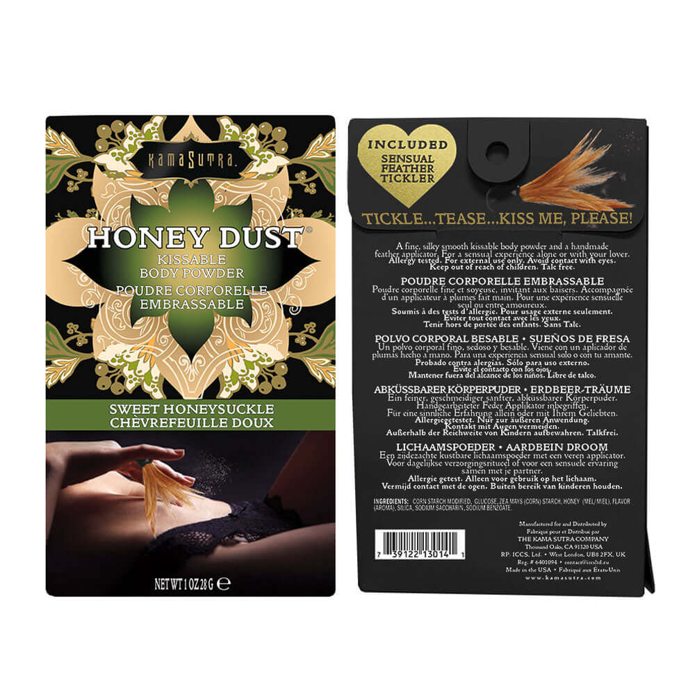 Kama Sutra Honey Dust Sweet Honeysuckle 1 Oz body powder packaging with included feather tickler.