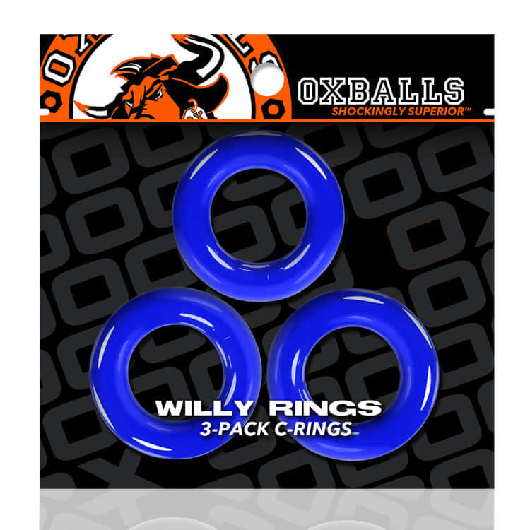 Oxballs Willy Rings Cock Rings 3 pack Blue featuring three blue c-rings in a durable and versatile design.