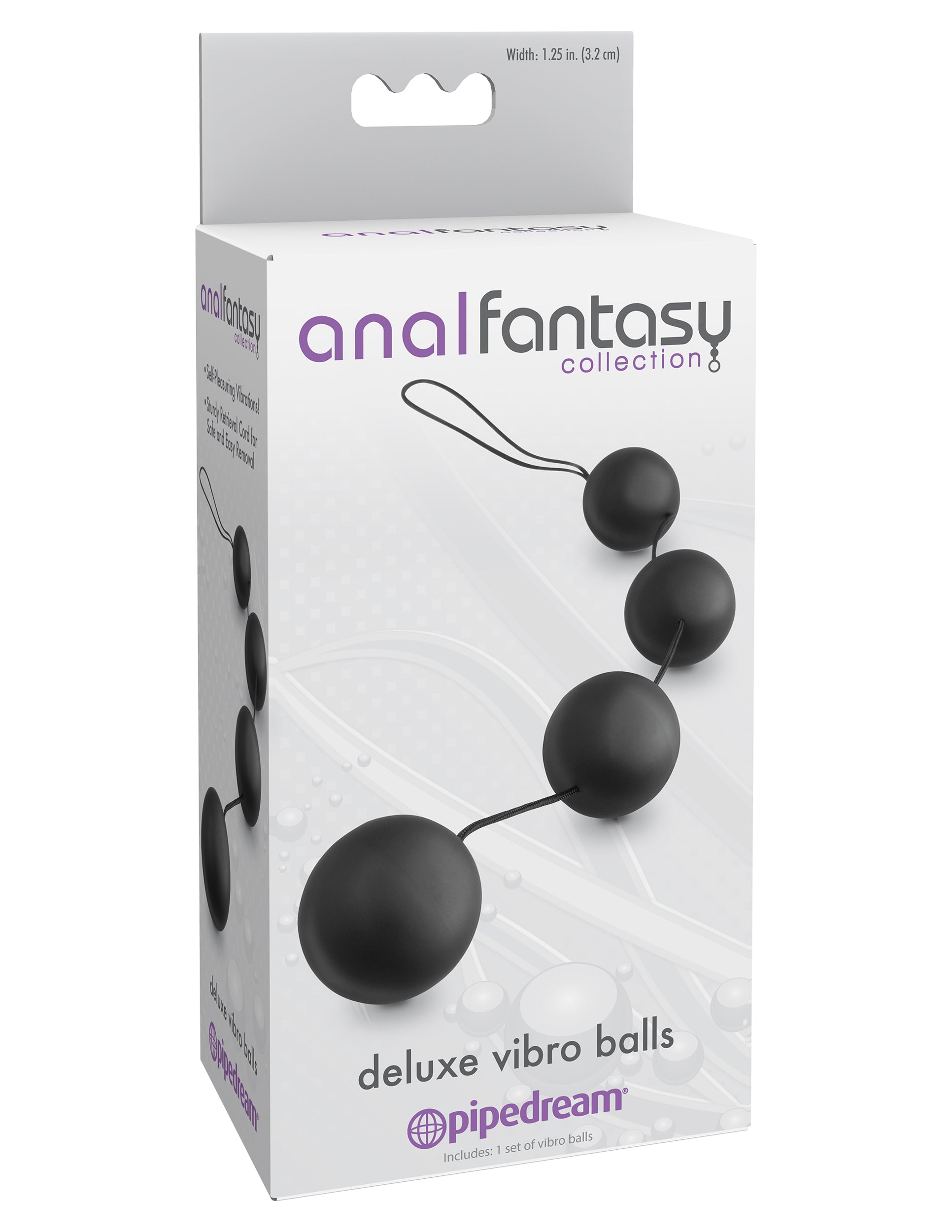 Anal Fantasy Collection Deluxe Vibro Balls Black packaging featuring sleek design and retrieval cord for safe play.