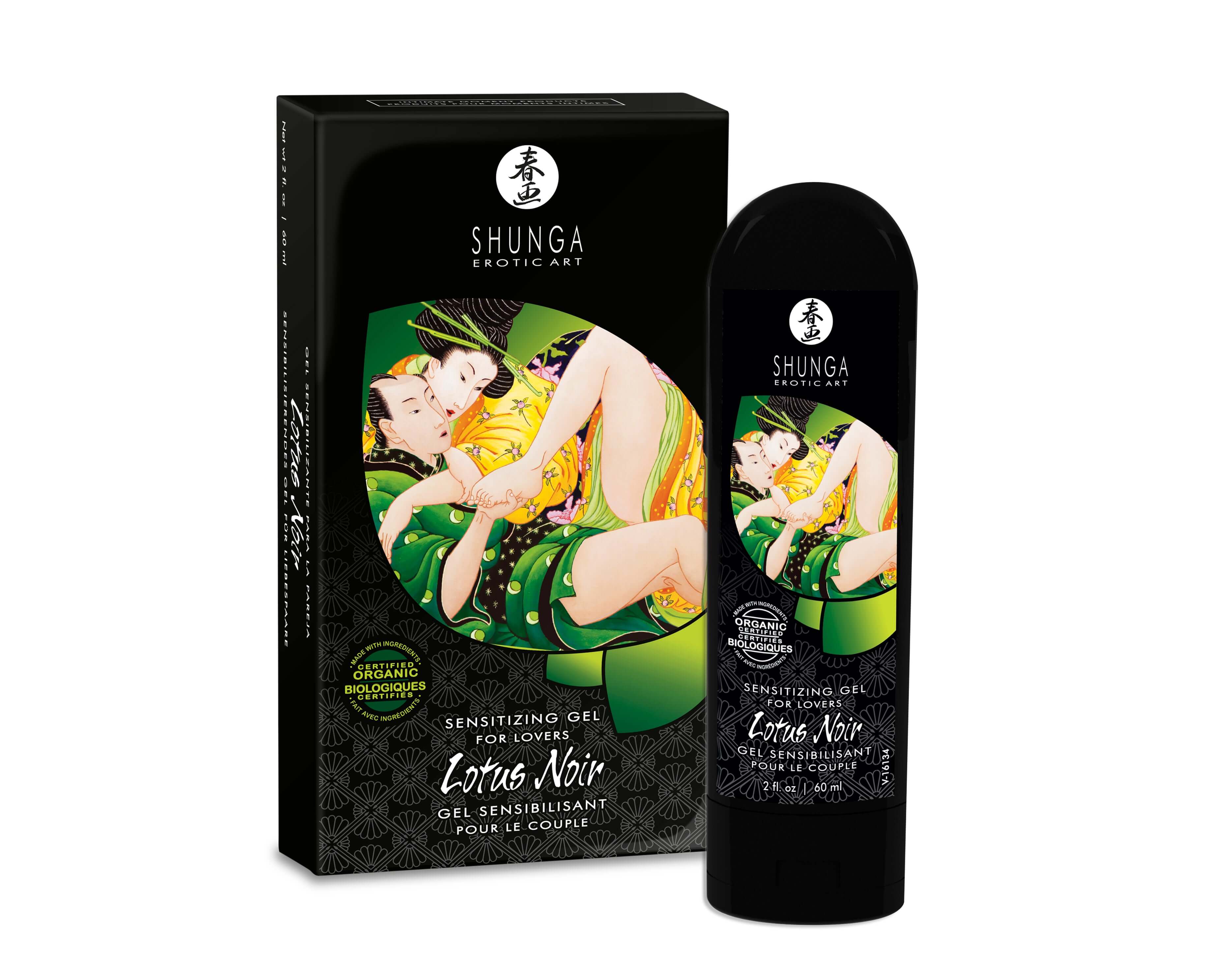 Shunga Lotus Noir Sensitizing Gel for Lovers 2 Oz packaging and bottle image on a white background.