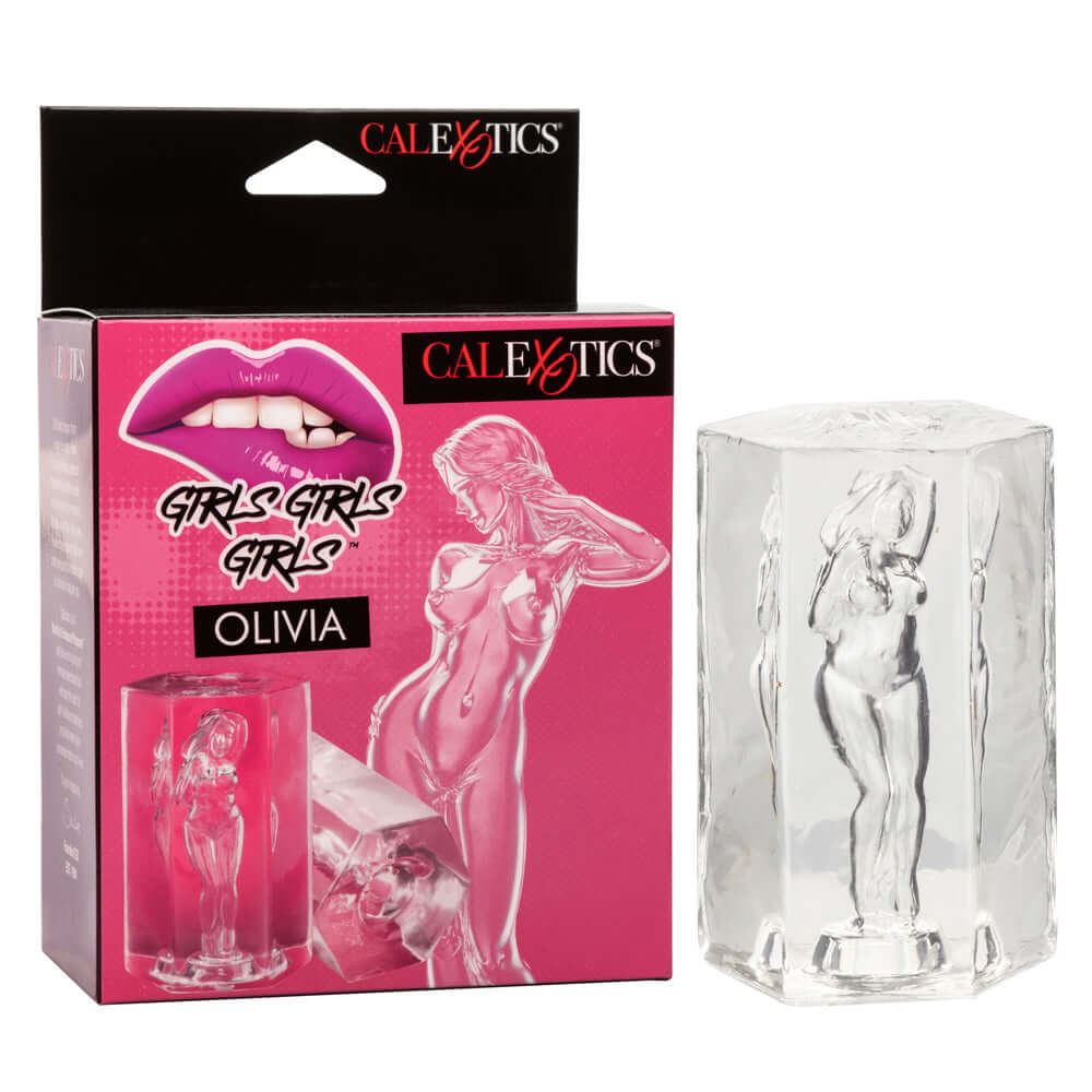 Girls Girls Girls Olivia clear masturbator in packaging showing transparent design with sensual figure from CalExotics