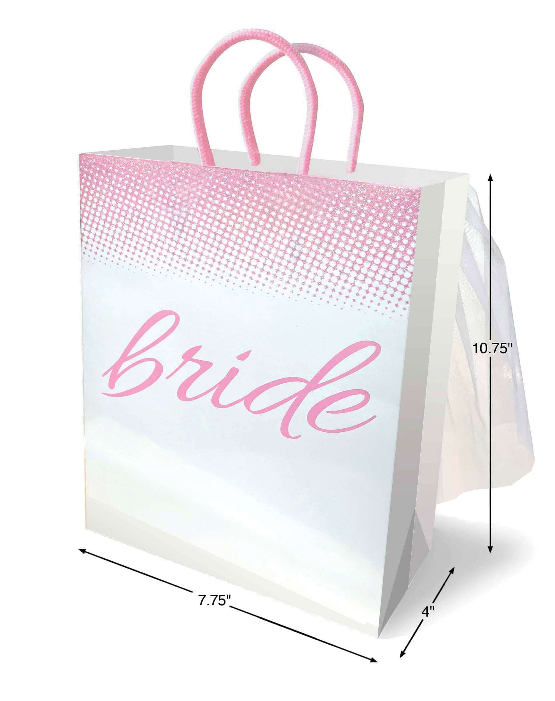 Elegant bride gift bag with veil, pink handles, and "bride" text, perfect for wedding gifting. Durable, premium card stock paper.