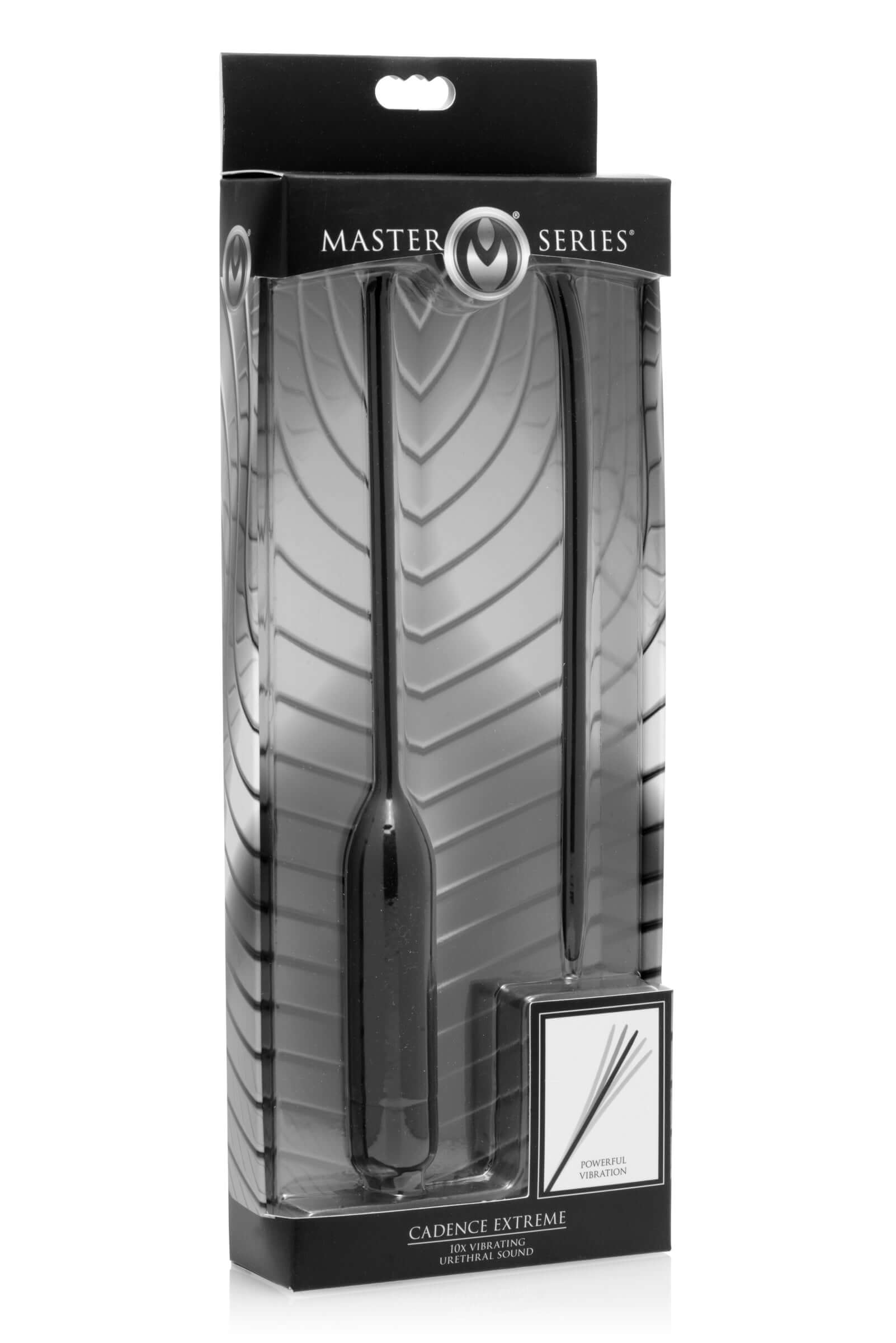 Cadence Extreme 10x Vibrating Urethral Sound in black packaging for intense pleasure with 3 intensities and 7 patterns.