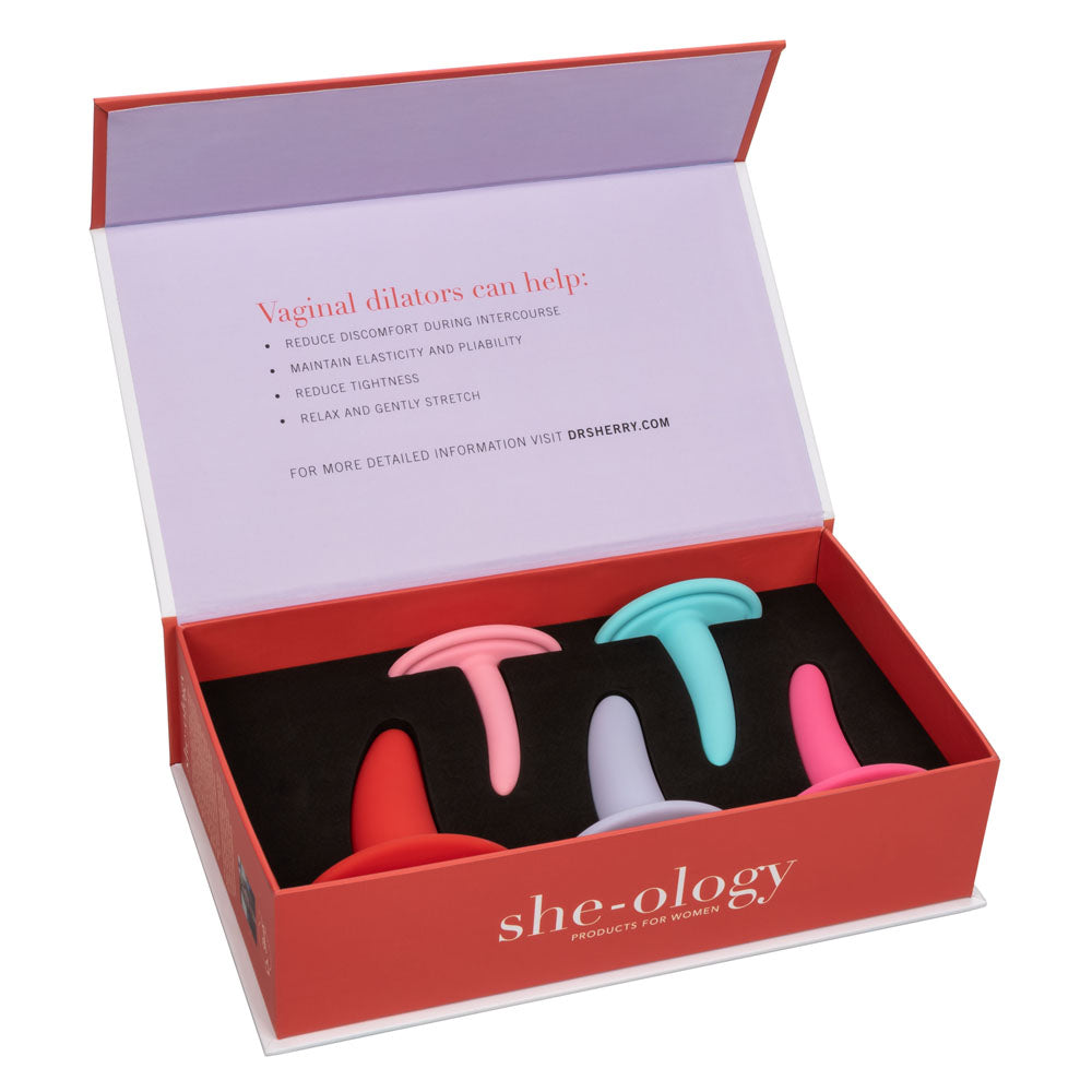 She-Ology 5-Piece Wearable Vaginal Dilator Set in an open box showcasing colorful dilators.