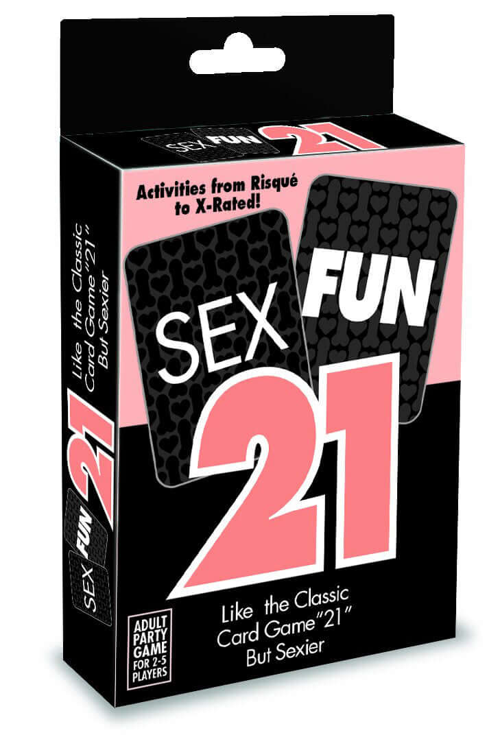 "Sex Fun 21 adult card game box with risqué to x-rated challenges, featuring classic 21 gameplay with added excitement."