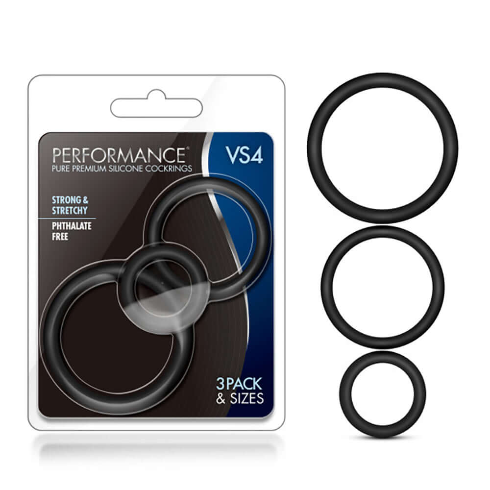Performance Vs4 Pure Premium Silicone Cockring Set Black featuring three sizes in a clear packaging.
