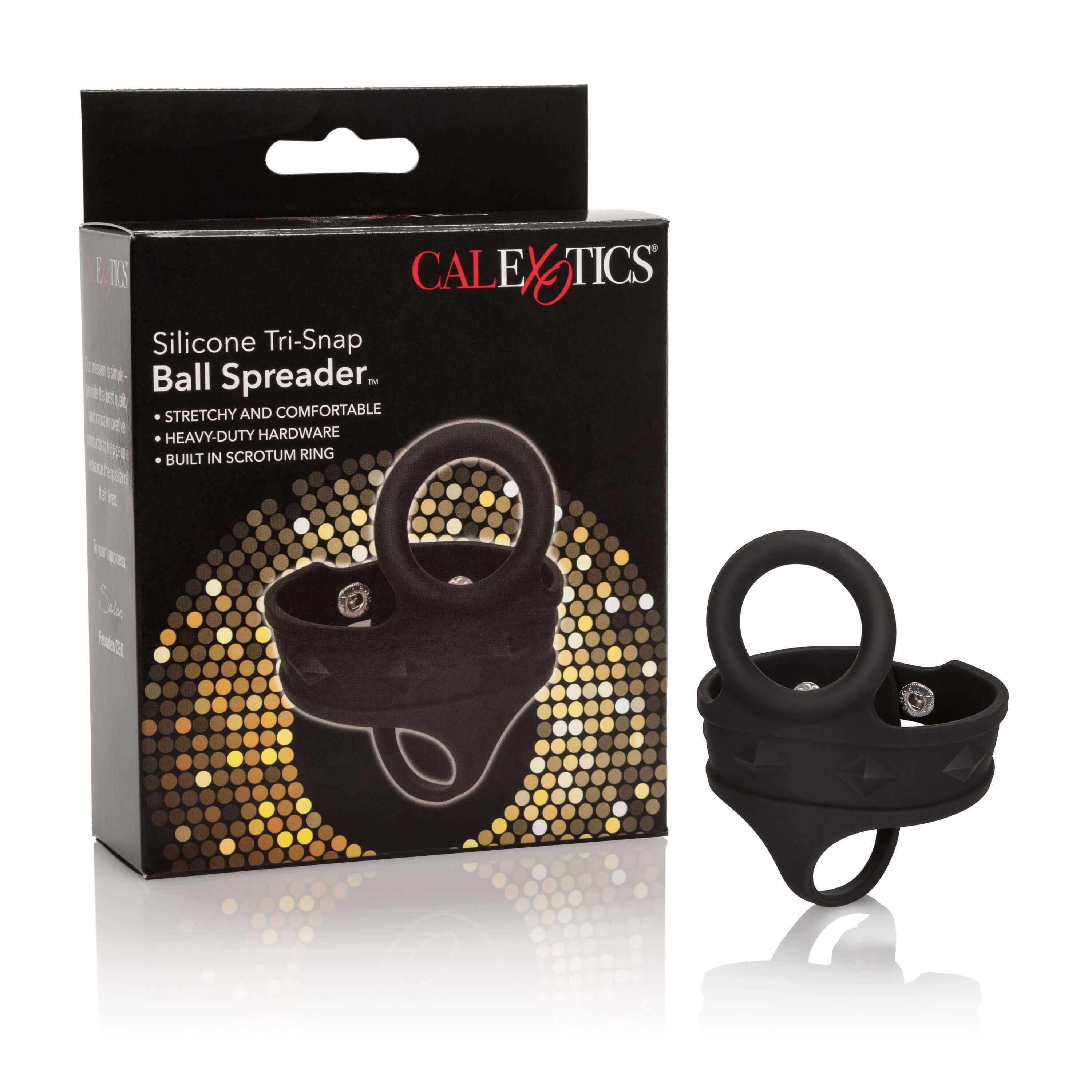 Silicone Tri-Snap Ball Spreader Black packaging and product design displayed, highlighting comfort and adjustable features.
