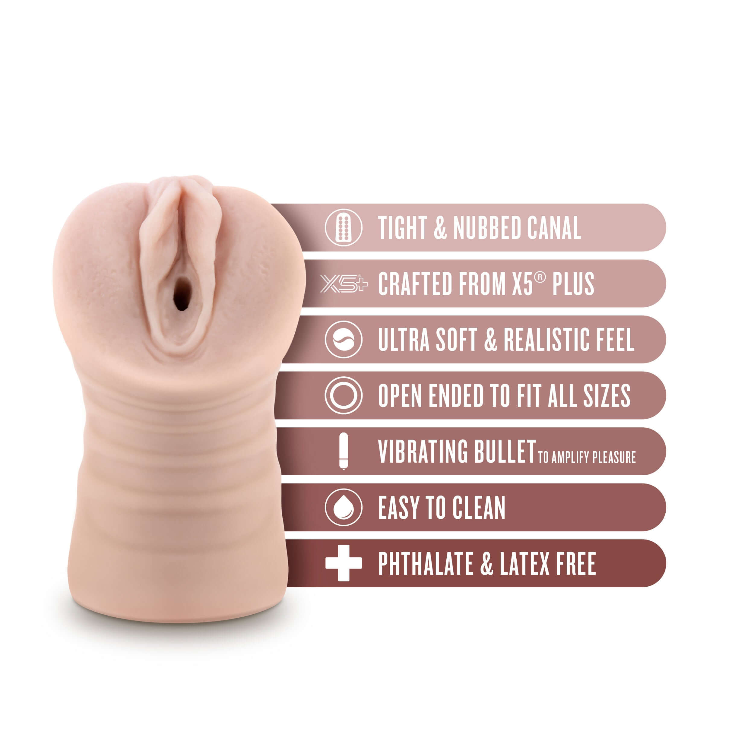 Ayumi Vibrating Stroker in beige, featuring snug nubbed canal, ultra-soft X5 Plus material, and open-ended design for all sizes.