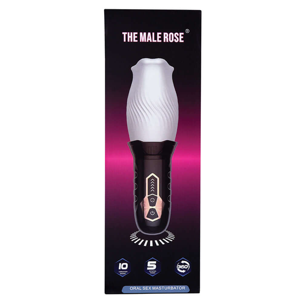 The Male Rose Oral Sex Masturbator packaging showcasing advanced stimulation with ergonomic design.