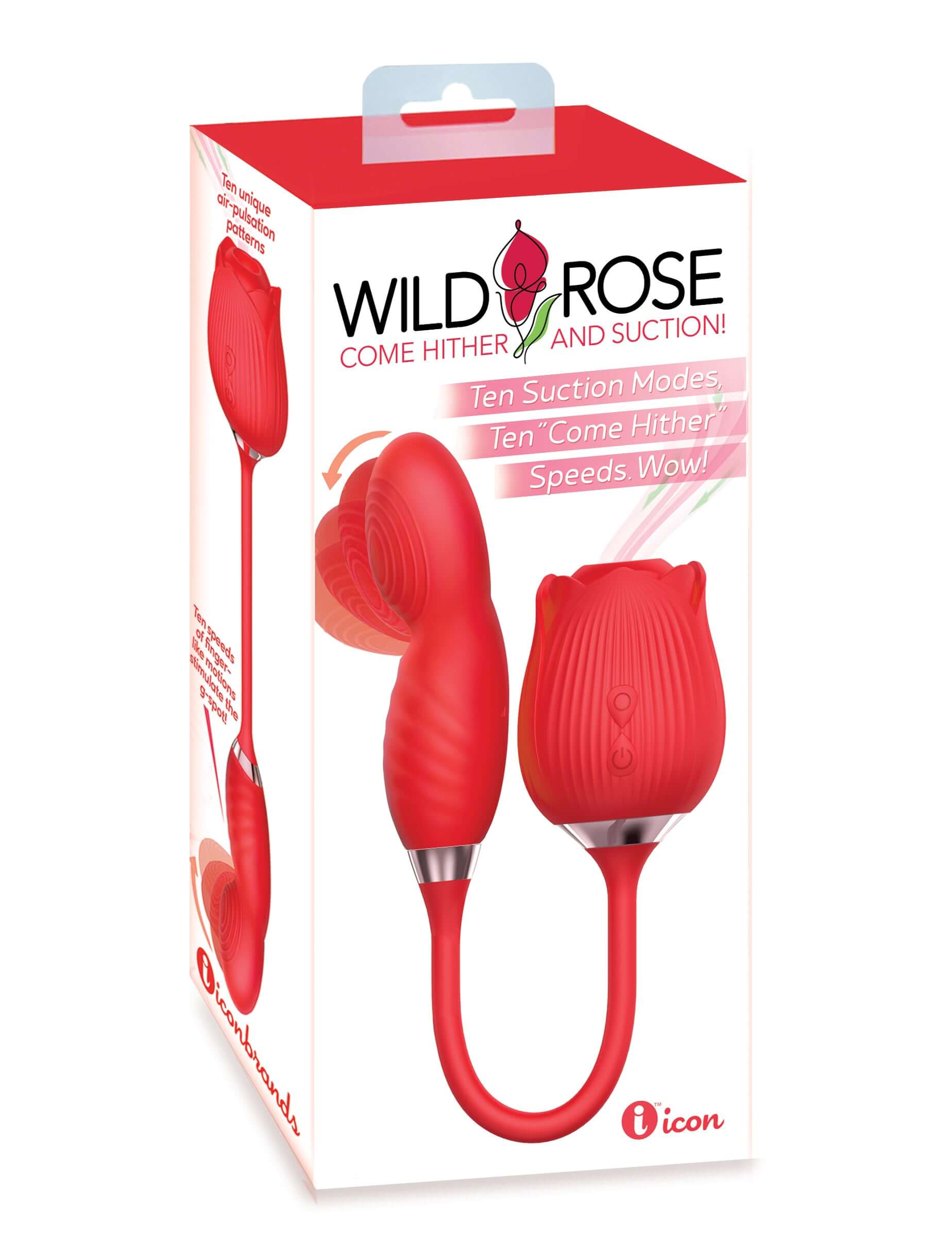Wild Rose Come Hither and Suction - Red silicone G-Spot massager with ten suction modes in packaging.