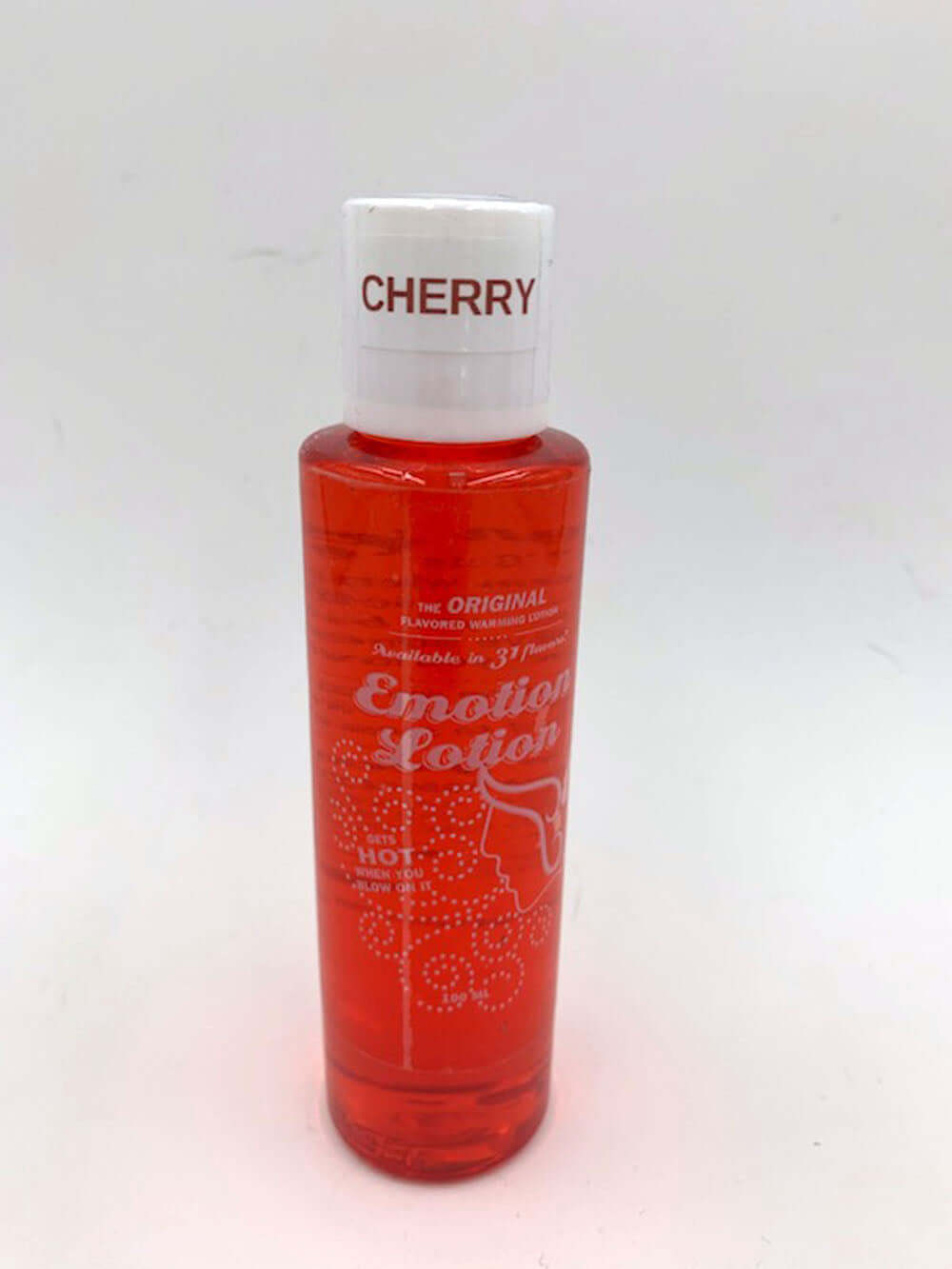 Emotion Lotion Warming Lotion Cherry 4 Oz in a clear bottle with a white cap and cherry label.