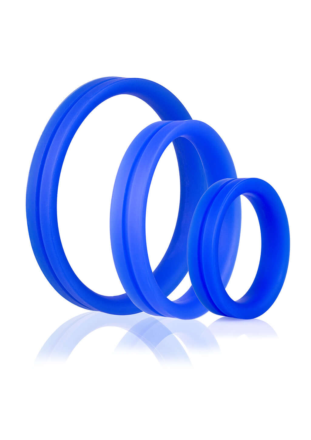 RingO Pro x3 Silicone Cock Rings Set Blue featuring three sizes for comfort and performance.