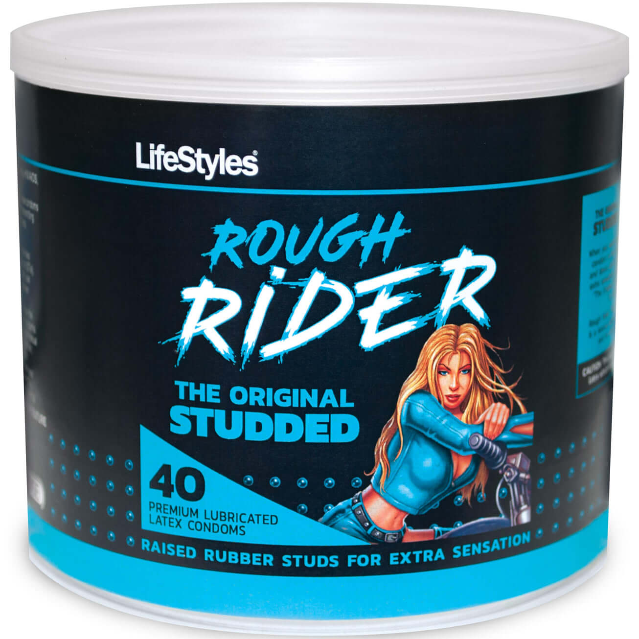 Lifestyles Rough Rider Condoms 40 Count Jar featuring the original studded design for enhanced intimacy and sensation.