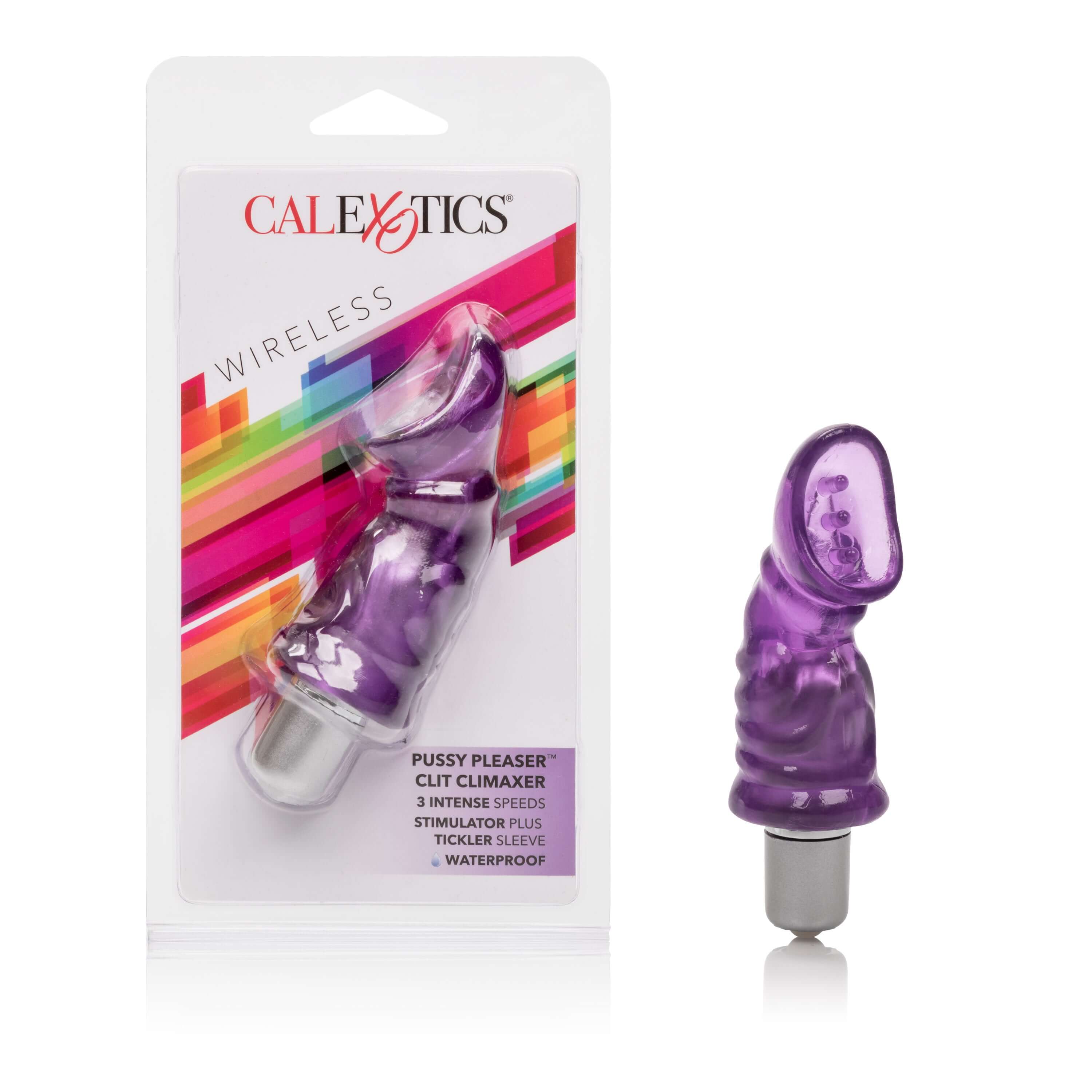 Pussy Pleaser Clit Climax Purple product packaging with a compact design and texture for targeted stimulation.