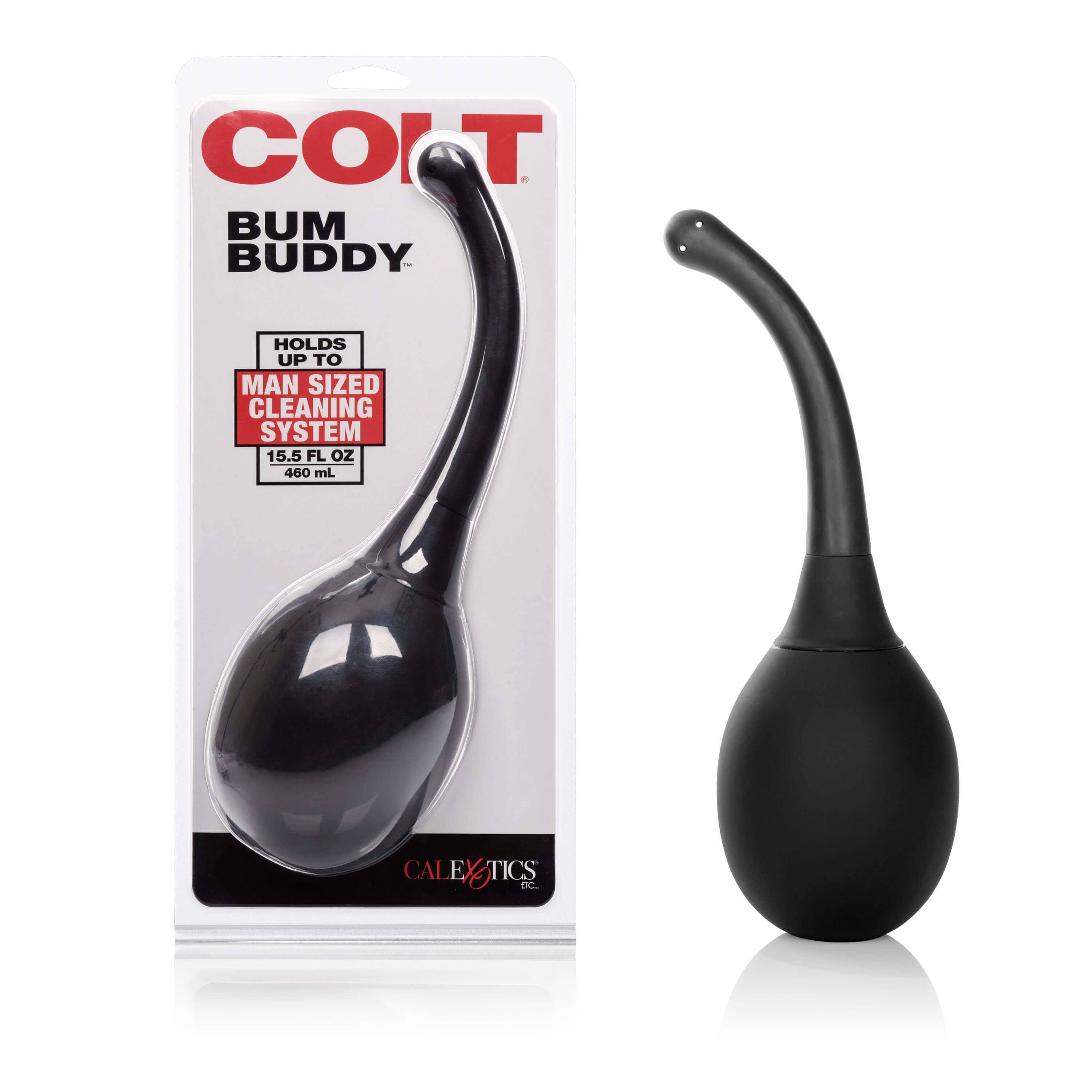 Black Colt Bum Buddy cleaning system with 15.5 fl oz capacity, ergonomic curved design, and easy-squeeze silicone bulb.