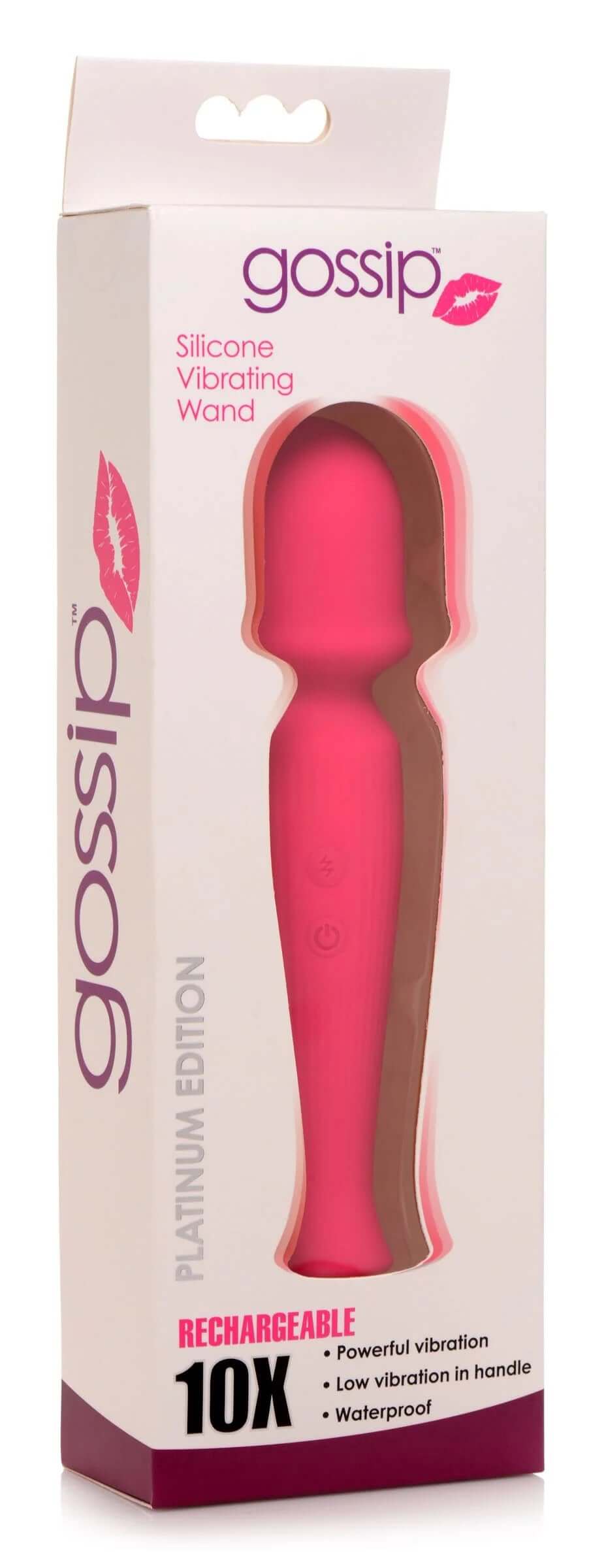 Gossip Silicone Vibrating Wand in packaging - pink rechargeable wand with powerful vibration, waterproof, and low vibration in handle.