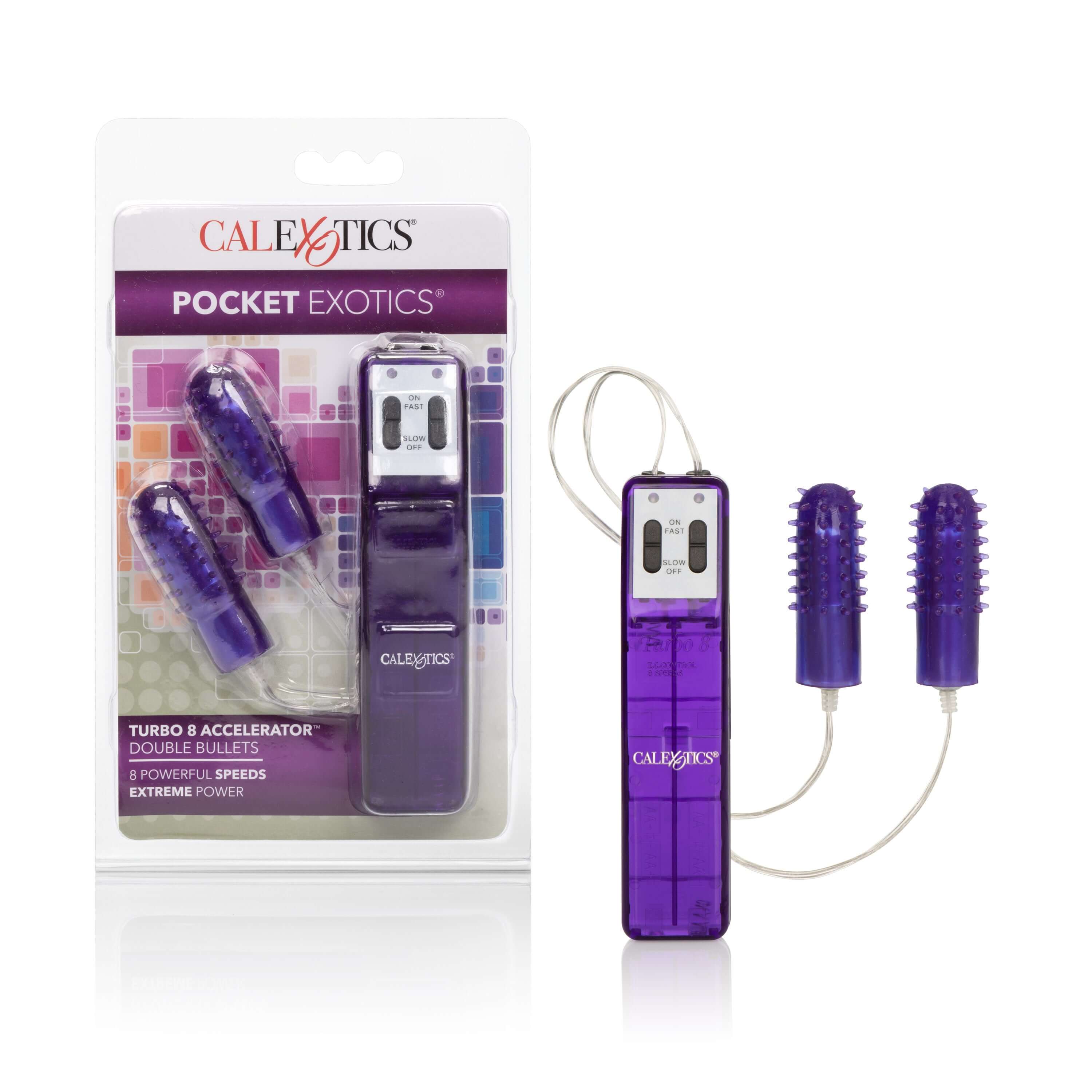 Pocket Exotics Turbo 8 Accelerator Double Bullet Purple packaging and product image showcasing its powerful design.