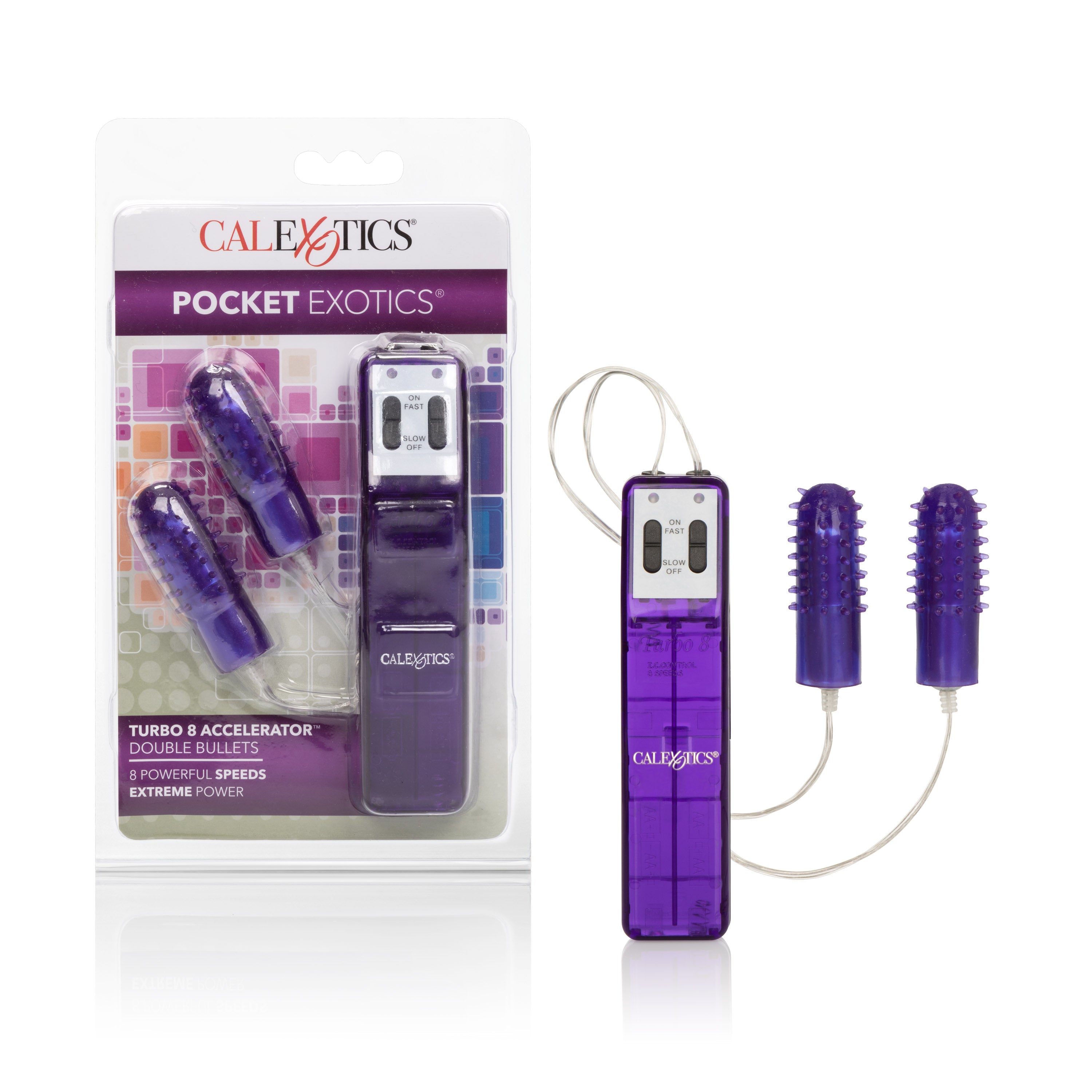 Pocket Exotics Turbo 8 Accelerator Double Bullet Purple packaging and product image showcasing its powerful design.
