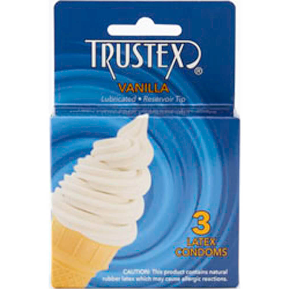 Trustex Flavored Lubricated Condoms 3 Pack Vanilla - Vanilla flavored latex condoms packaging front view.