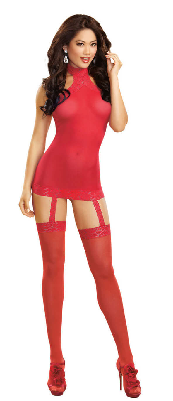 Dreamgirl Sheer Garter Dress One Size Red showcasing a seductive silhouette with lace details and sheer fabric.