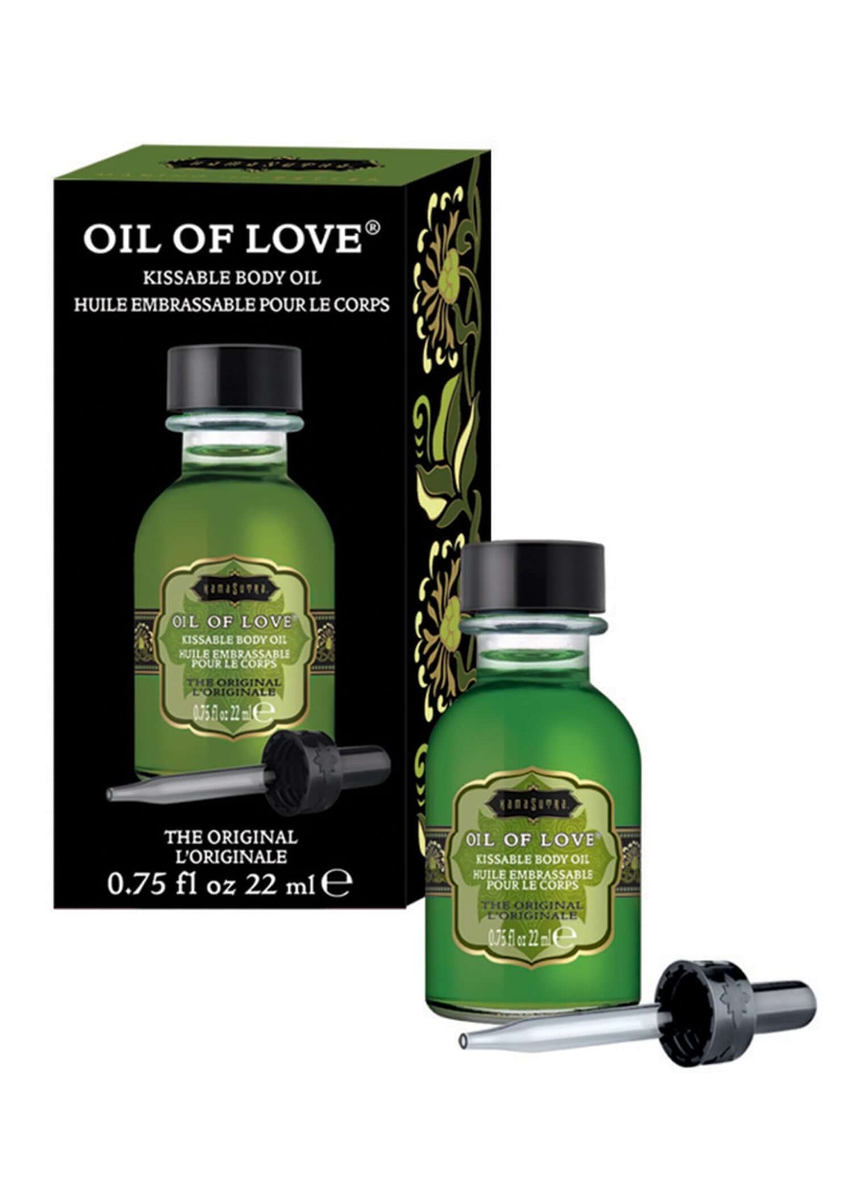 Kama Sutra Oil of Love The Original 0.75 Oz in a green bottle with packaging, designed for playful foreplay experiences.