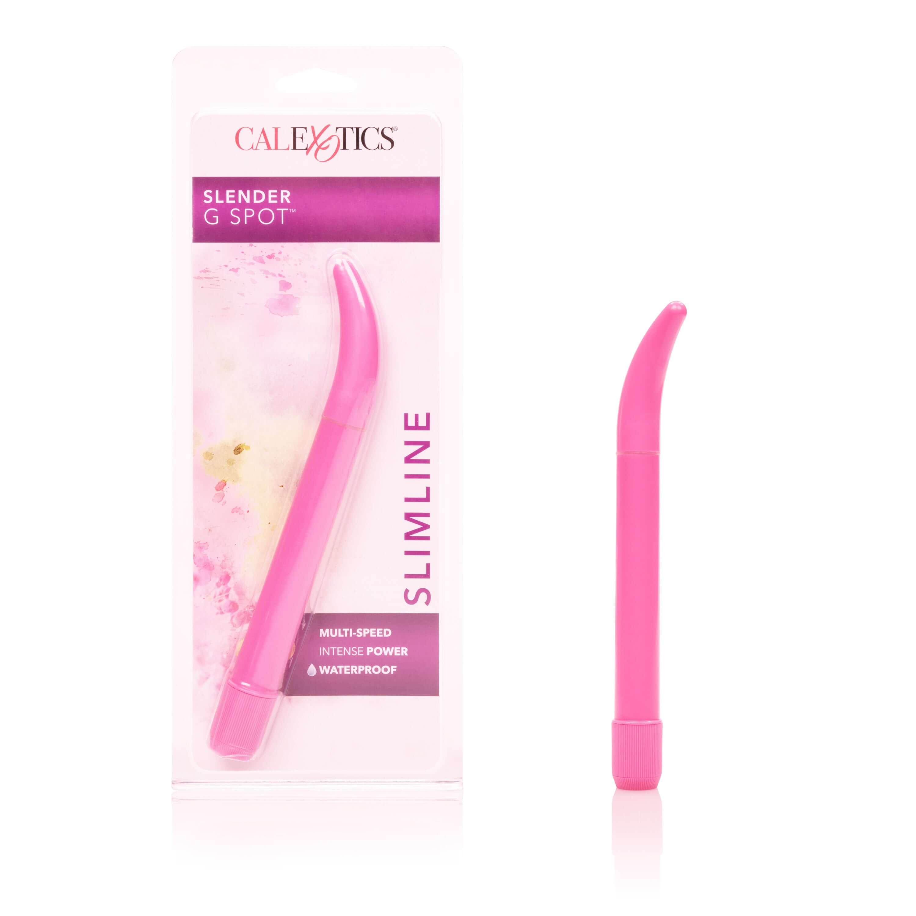 Slender G-Spot 7 Inches Massager Pink packaging and product displayed with features highlighted.