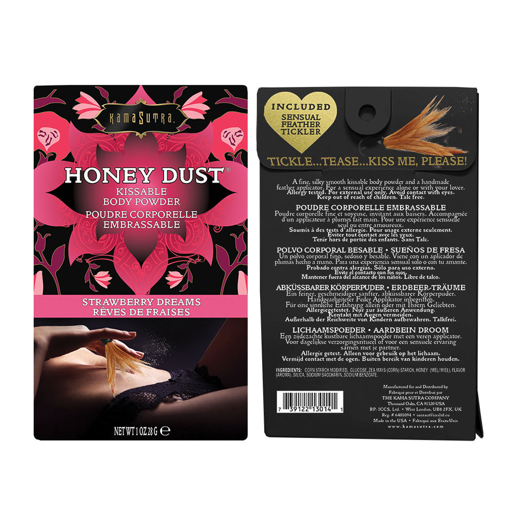 Kama Sutra Honey Dust Strawberry Dreams 1 Oz packaging featuring kissable body powder with feather tickler.
