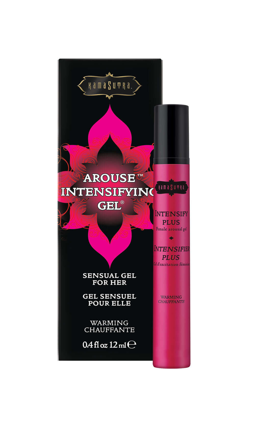 Kama Sutra Intensify Plus Female Arousal Gel 0.4 Oz packaging and applicator for enhancing intimacy.
