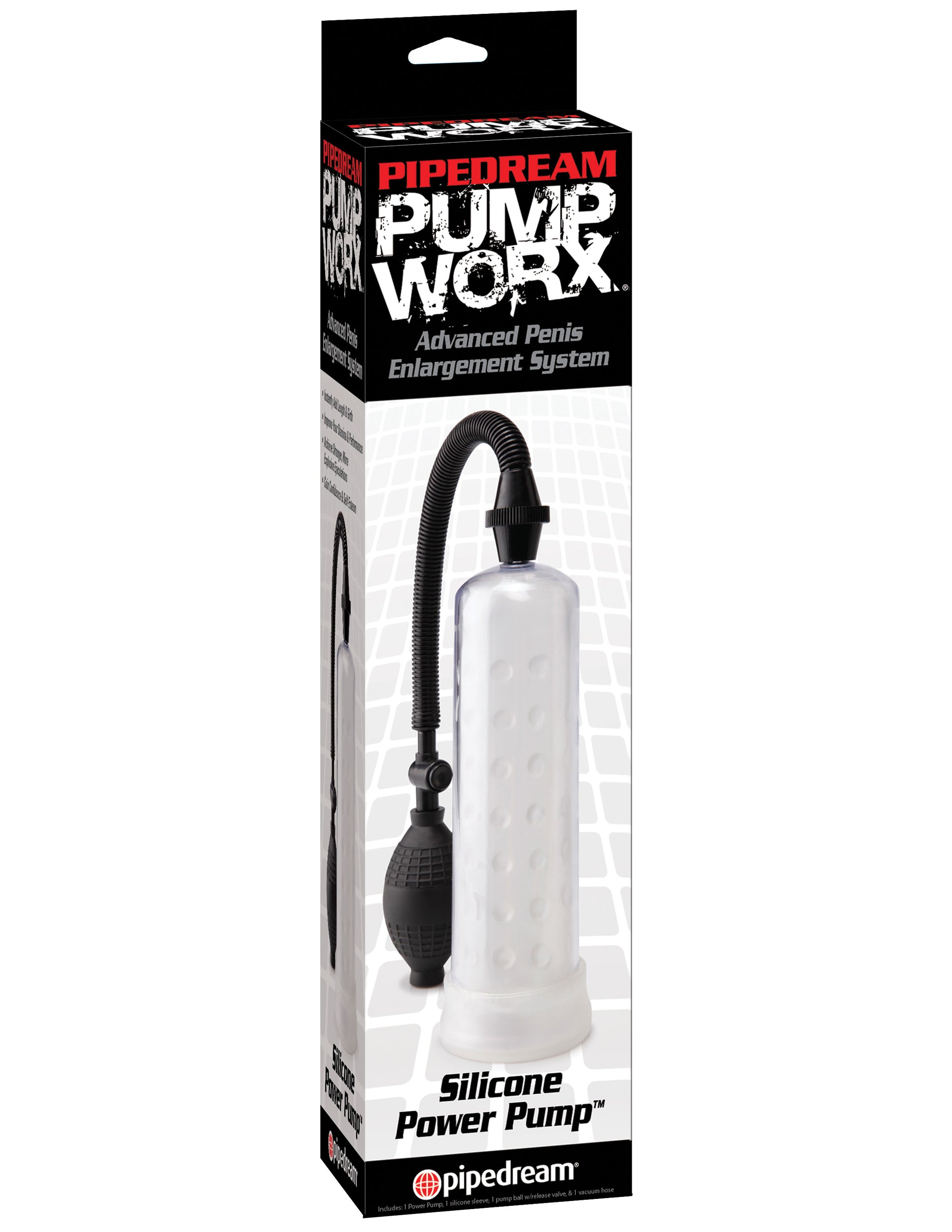 Pump Worx Silicone Power Pump Clear in packaging showcasing its design and features for improved performance.