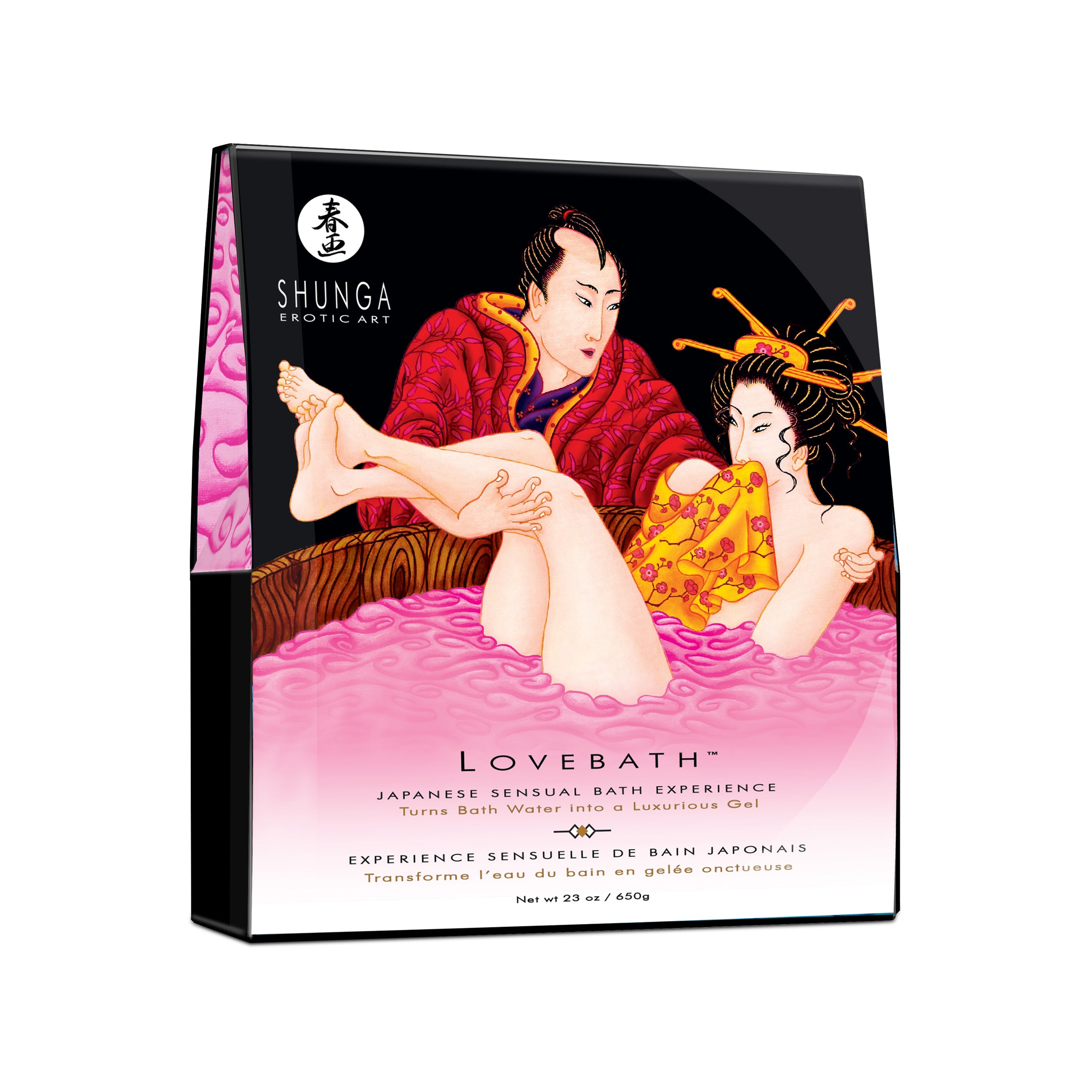 Shunga Lovebath Dragon Fruit 23 Oz packaging with Japanese artwork, promoting a sensual and relaxing bath experience.