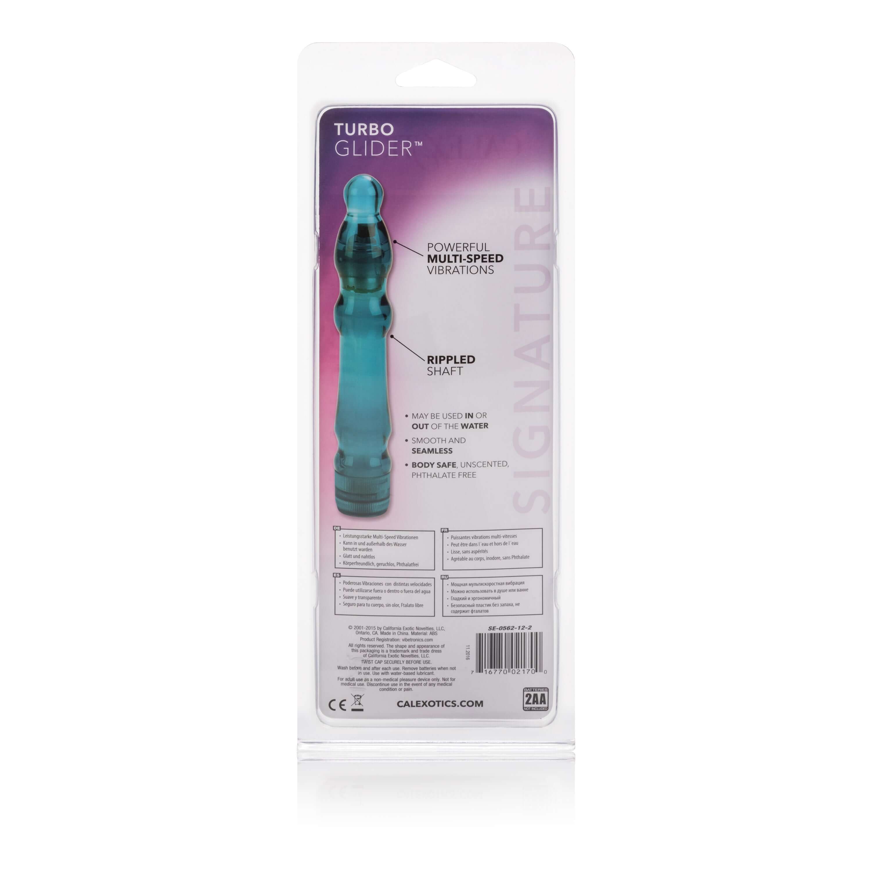 Waterproof Turbo Glider Vibrator Blueberry packaging detailing features and design for enhanced stimulation.
