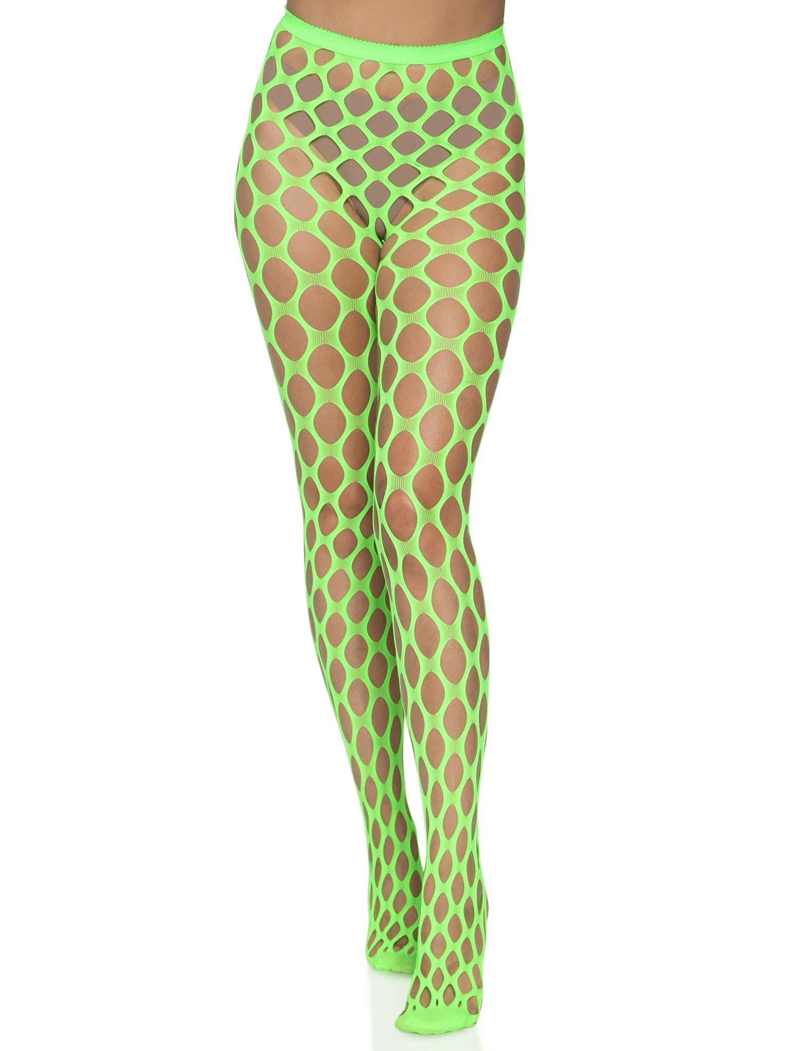 Neon green Jumbo Pothole Net Tights by Leg Avenue, edgy fishnet hosiery with reinforced toe and ultra-soft woven design for one size fit.
