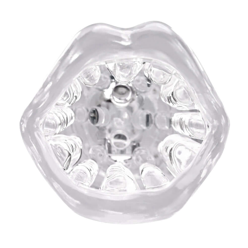 Close-up of Cyclone Rotating Stroker with clear and black design, realistic mouth-shaped entry and textured interior for enhanced pleasure.