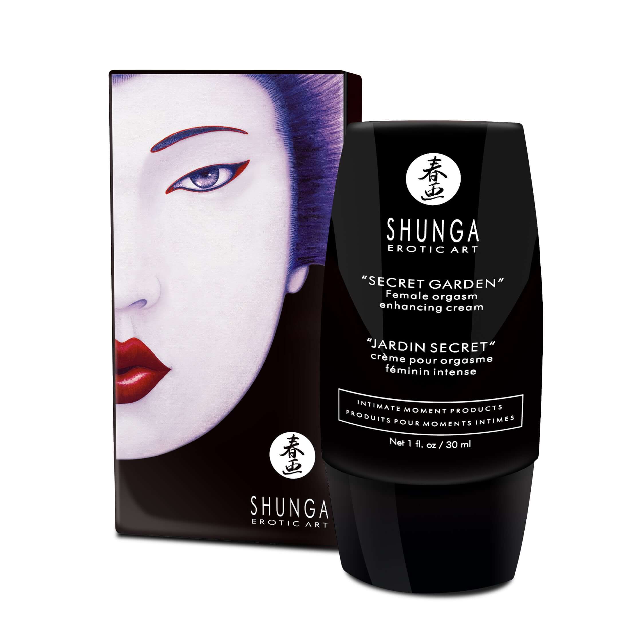 Shunga Secret Garden Clitoral Gel 1 Oz packaging and bottle for enhancing female sensation and orgasms.