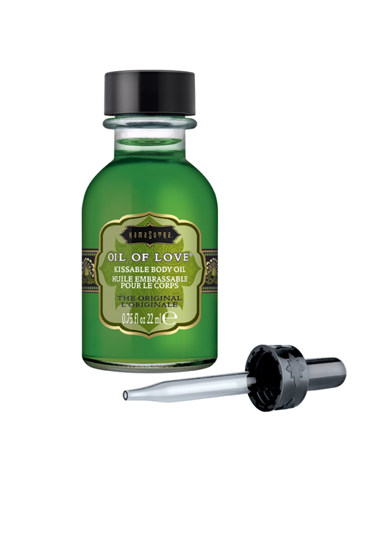 Kama Sutra Oil of Love The Original 0.75 Oz bottle with dropper for kissable body oil.