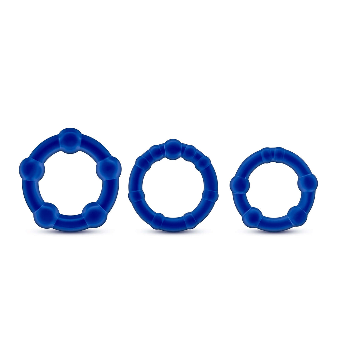 Stay Hard Beaded Cock Rings Blue Set of 3 featuring three different blue rings for enhanced firmness and stamina.