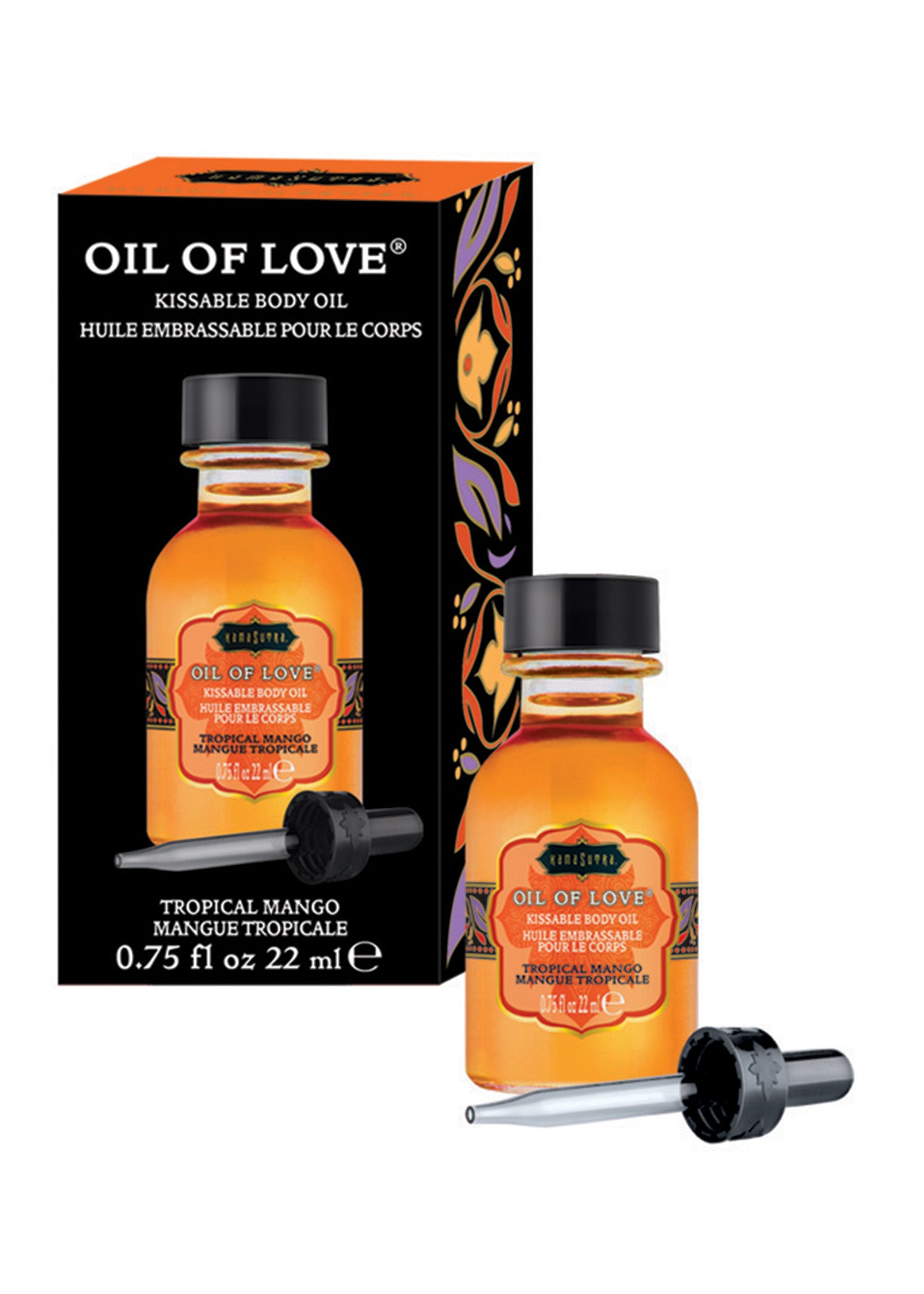 Kama Sutra Oil of Love Tropical Mango 0.75 Oz kissable body oil with applicator for enhanced foreplay.