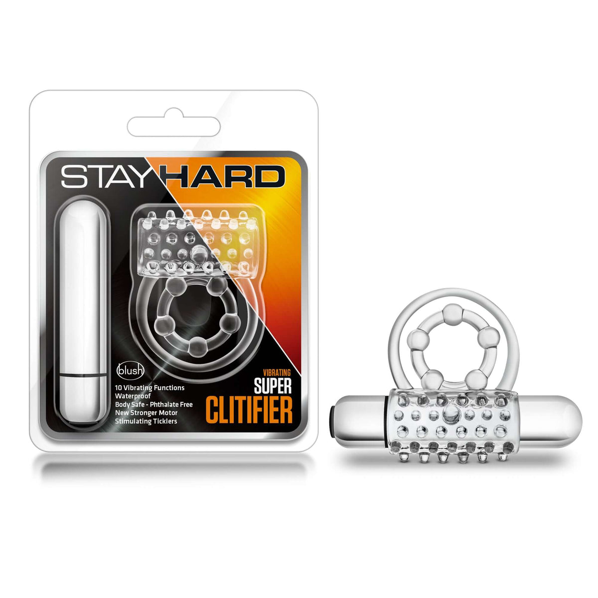 Stay Hard Vibrating Super Clitifier Ring Clear with bullet vibrator in clear packaging.
