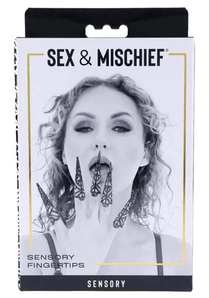 Sex & Mischief Sensory Fingertips Black packaging with model showcasing sensory fingertip covers for tactile exploration.