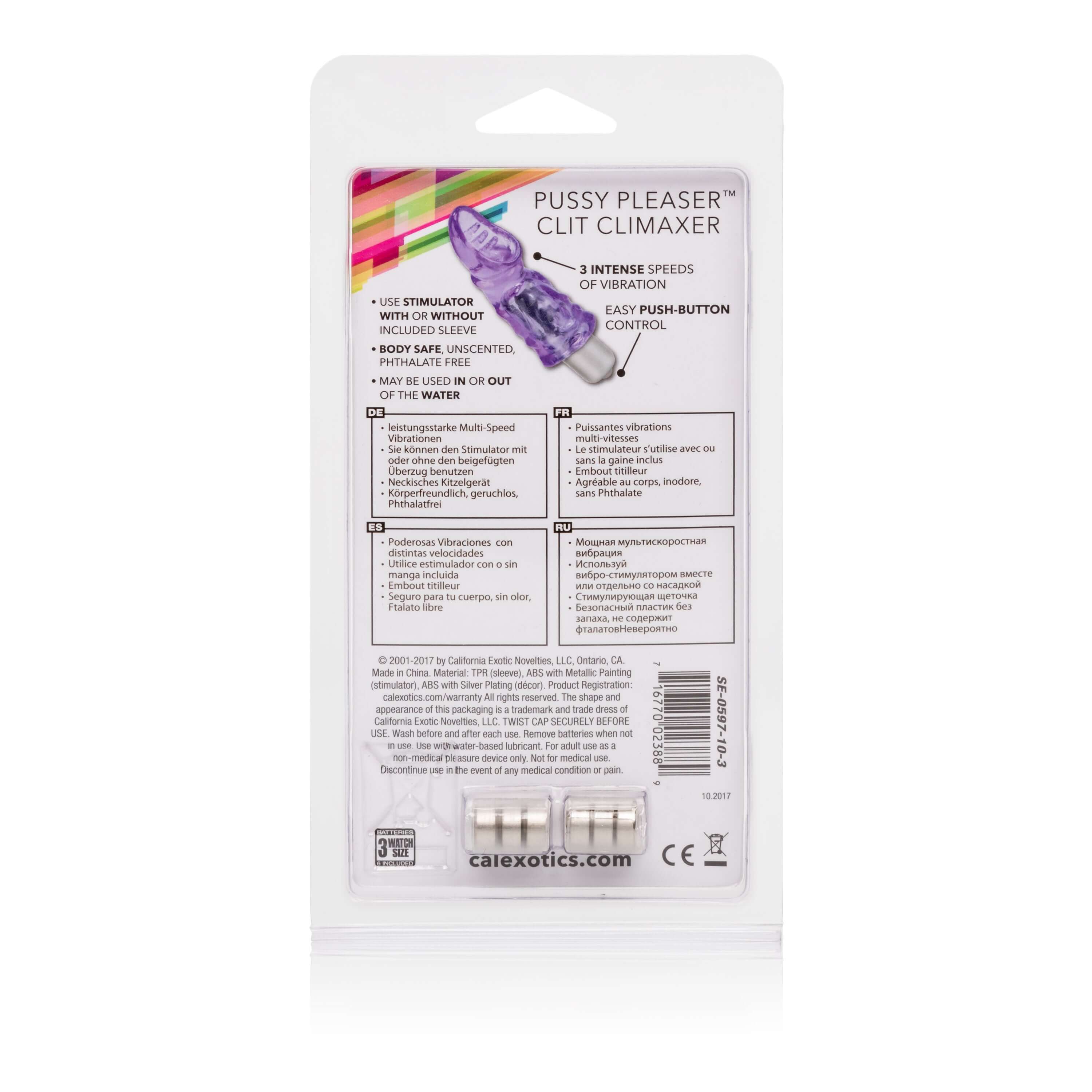 Pussy Pleaser Clit Climax Purple packaging showing multi-speed stimulation device and usage instructions.