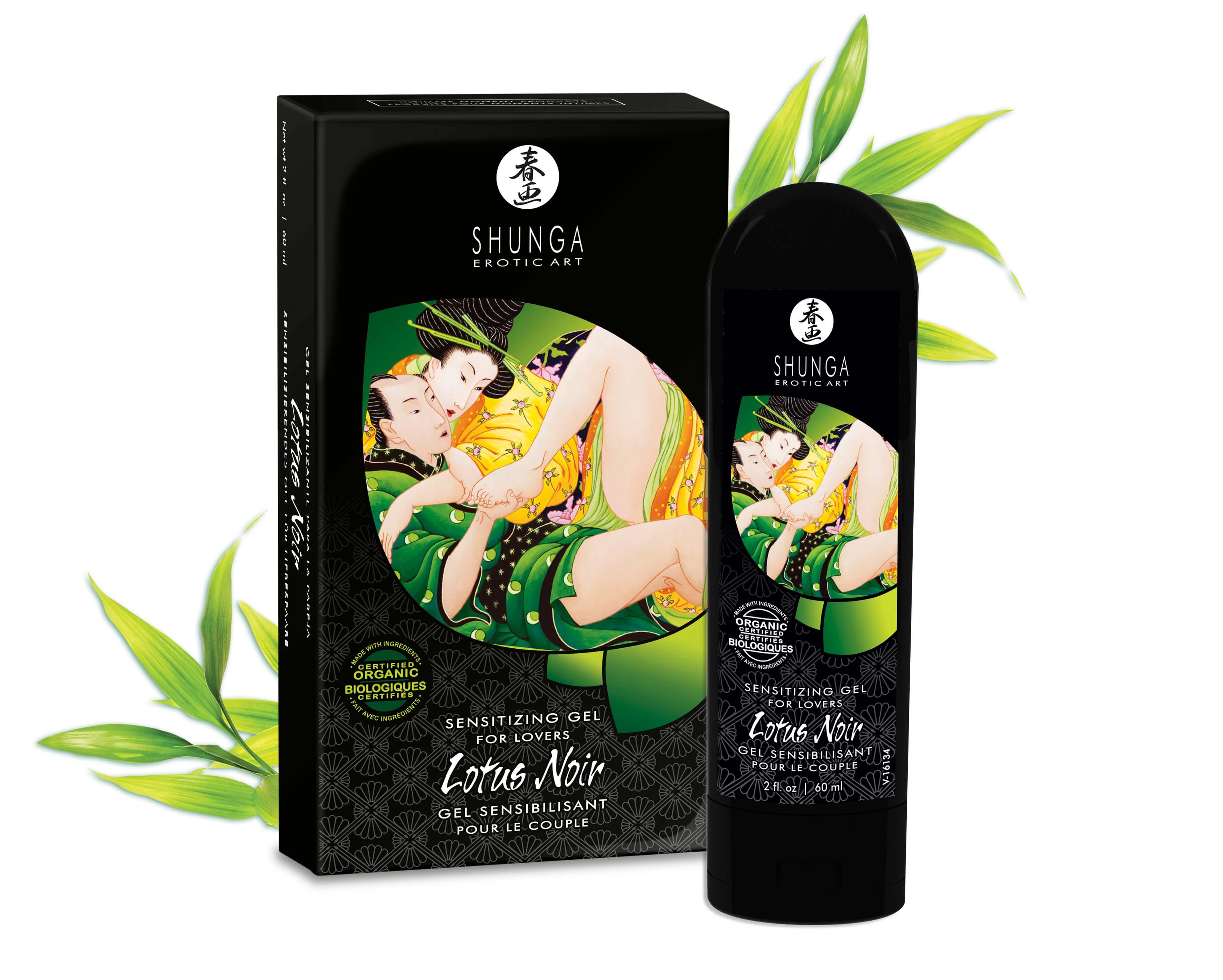 Shunga Lotus Noir Sensitizing Gel for Lovers 2 Oz in packaging with bamboo background.