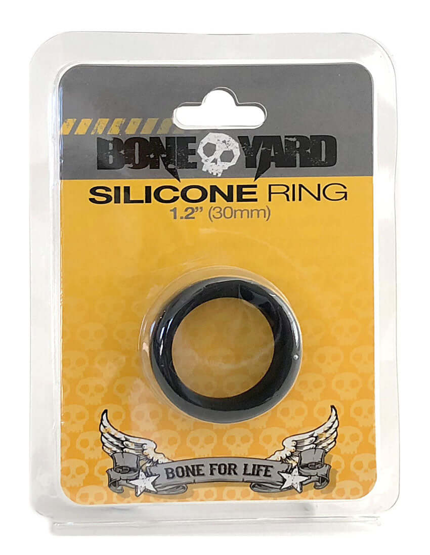 Boneyard Silicone Ring 30 mm Black packaging featuring a durable silicone cock ring for enhanced pleasure.
