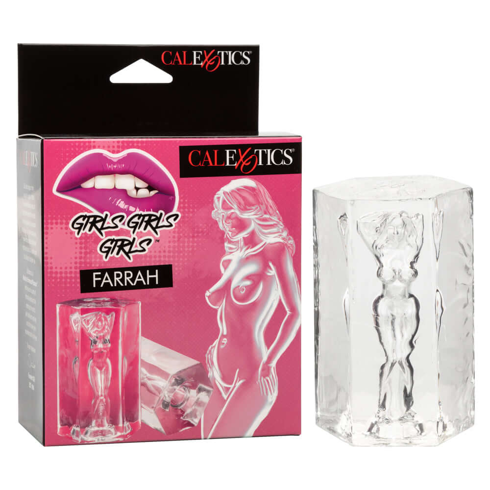 Girls Girls Girls Farrah clear masturbator with packaging showcasing sensual transparent design for ultimate pleasure and excitement.