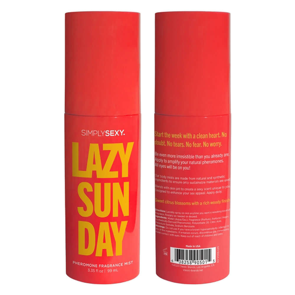 Lazy Sunday Pheromone Fragrance Mists 3.35 Oz bottle with sweet citrus blossom scent and woody finish for irresistible allure