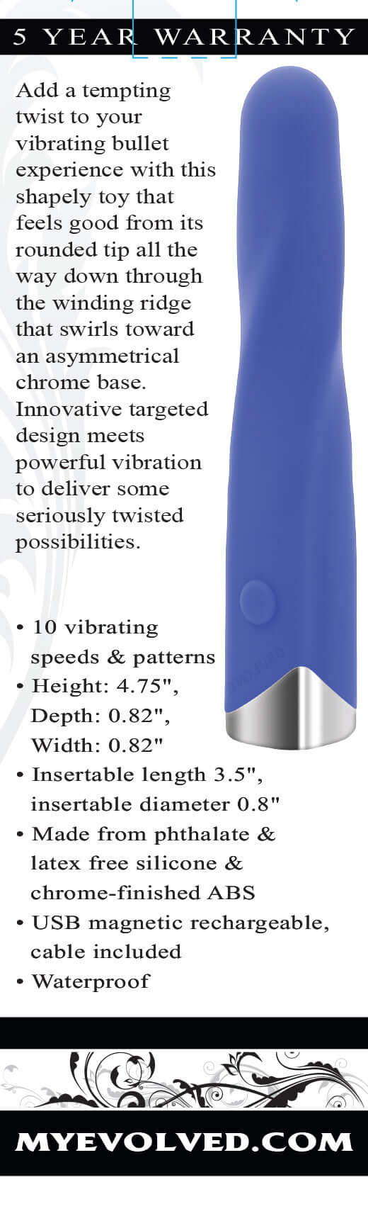 Twisted Temptation Massager in purple with 10 vibration patterns, phthalate & latex free silicone, chrome base, and USB rechargeable.