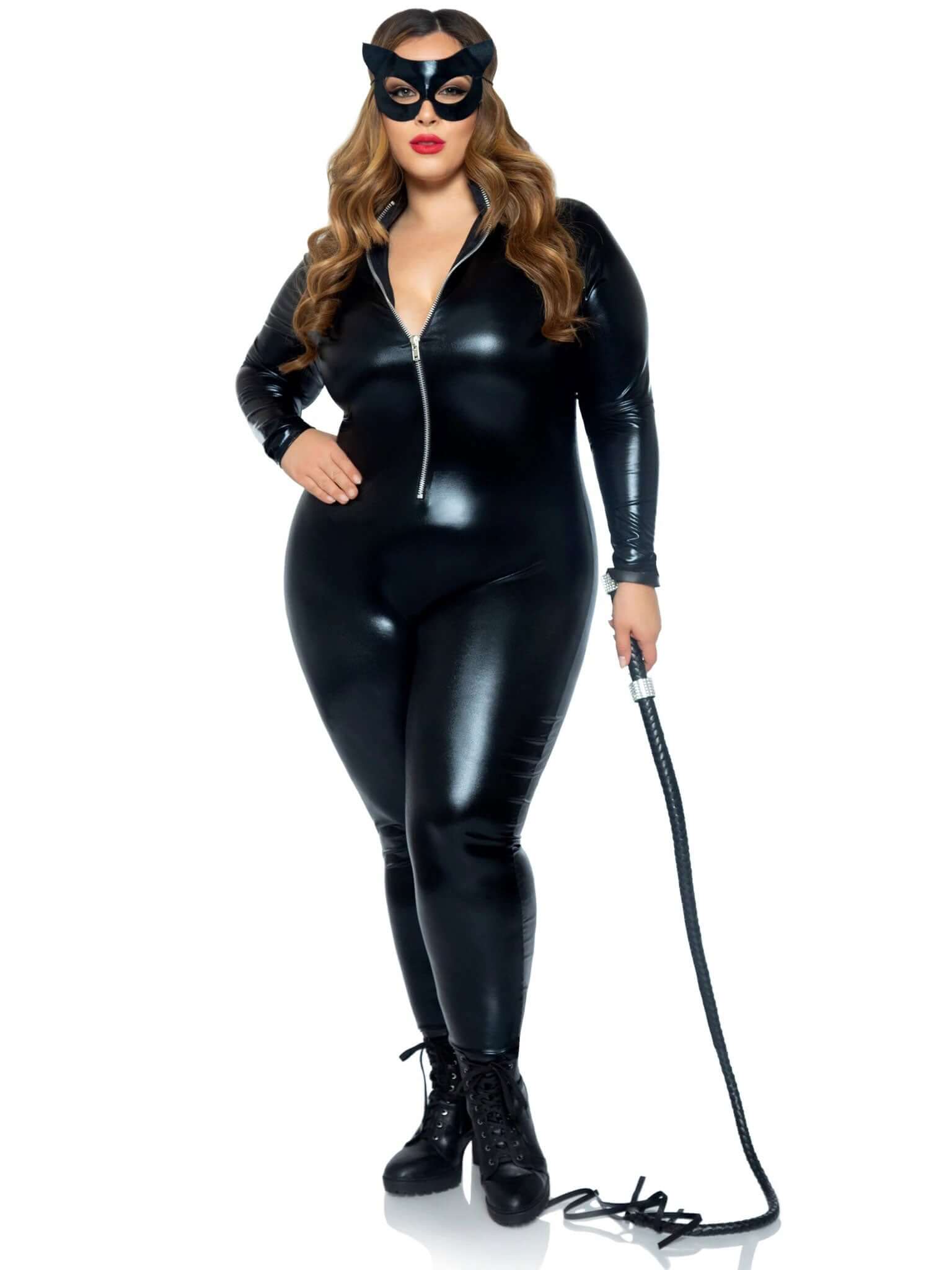 Black lamé zipper front catsuit with cat ears mask for plus size, femme fatale costume, wet-look faux leather with plunging front.